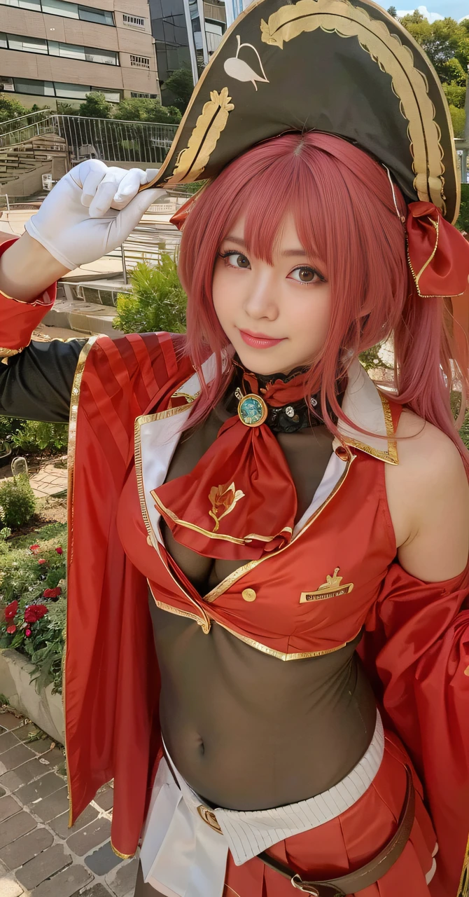 a female with pink hair posing in a costume at the park,early evening, houshou marine, 1girl, virtual youtuber,red eye and yellow eye,heterochromia,smiling,hat,red hair, red ascot, realistic, leotard under clothes, twintails, gloves, solo, white gloves, breasts, red skirt, covered navel, looking at viewer, ascot, off shoulder, see-through leotard,high resolution, 8k, 1girl,cosplayer,with light glowing, a gorgeous, (dynamic poses:0.8),Soft lighting,shinny skin,looking at the viewer,Hair Ribbon,a belt,pleated skirt,top-quality,high resolution,Unified 8K wallpapers,(beautiful detailed eyes:1.6),extra detailed face,Perfect lighting,