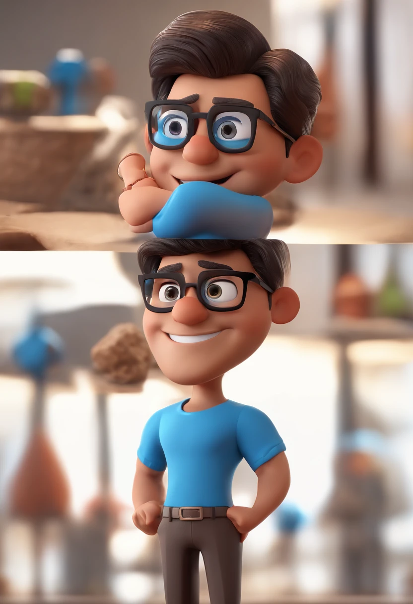 Cartoon character of a man with black glasses and a blue shirt, animation character, Caractere estilizado, animation style rendering, 3D estilizado, Arnold Maya render, 3 d render stylized, toon render keyshot, Personagem 3D, Personagem 3D, 3d rendering stylized, 3 d character render, personagem de desenho animado, Personagem de close up, Pose de personagem, (Estilo Pixar) (master part:1.2) (Bokeh) (best quality) (pele detalhada) (textura detalhada) (8k) (argila) (Cinematic lighting) (foco nítido