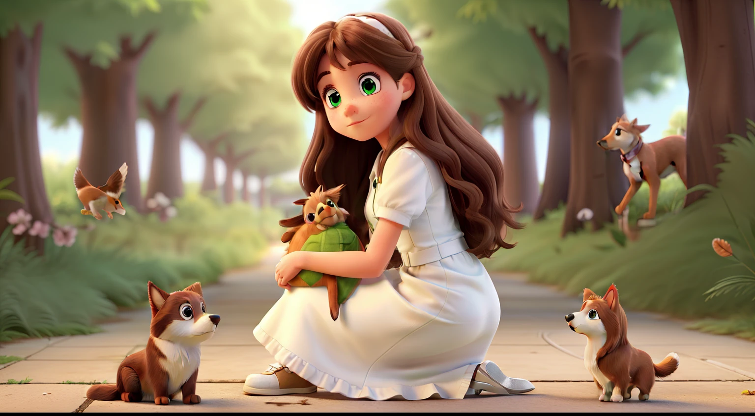 (one girl solo, 16 years, long brown hair, green eyes, white dress, white shoes, sad) (background florest, many trees, some dogs and animals) (finding a bird hurting on floor)