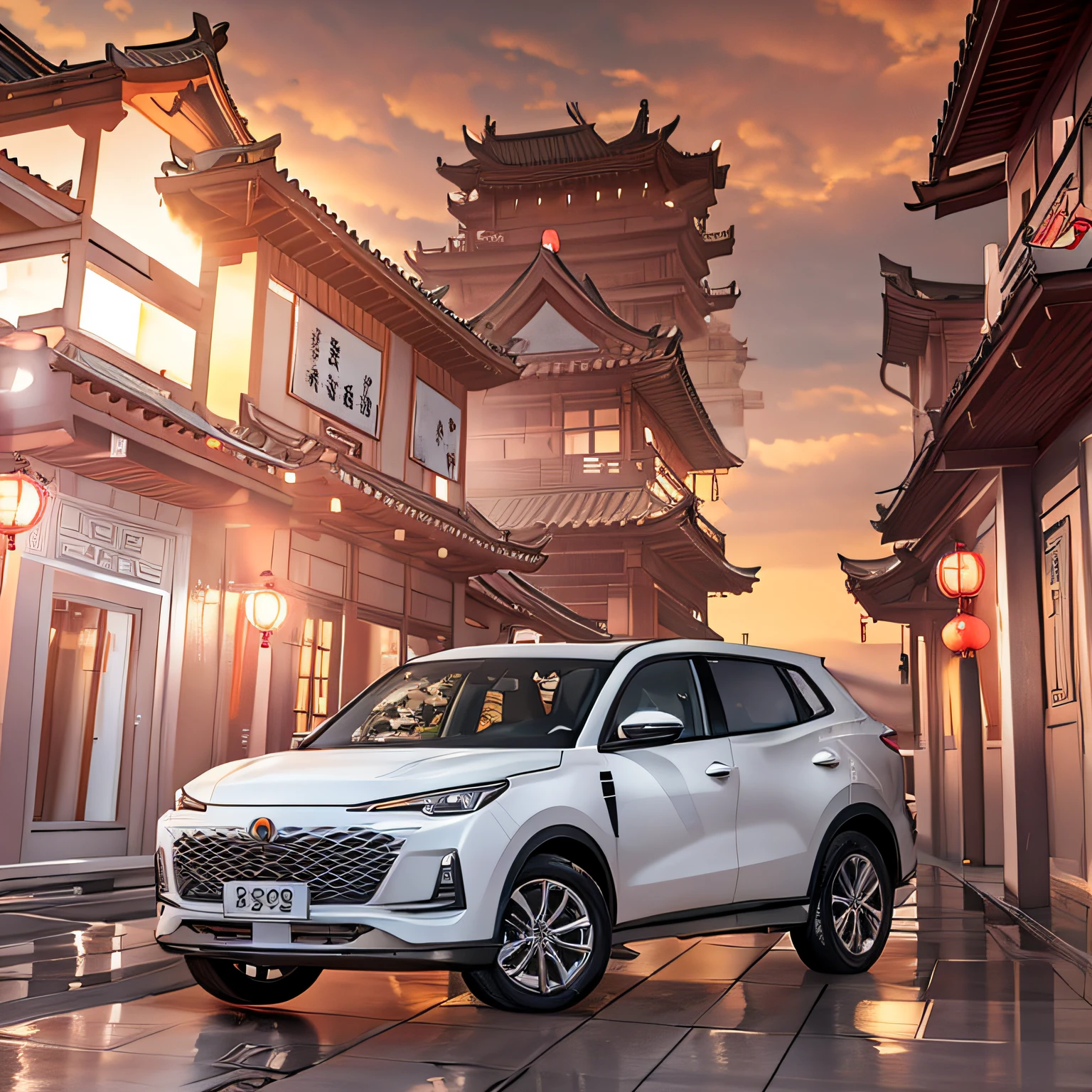 The Alafid white SUV is parked in front of a Chinese building, 9 k, 9K, 🤬 🤮 💕 🎀, inspired by Huang Ding, 6k, 4 ), 8 k'', 8K, nanquan, 2 0 2 2, 2022, 8K!, Changan CS55, 2019, 2 0 1 9,rainy days