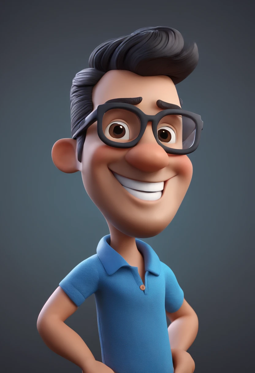 Cartoon character of a man with black glasses and a blue shirt, animation character, Caractere estilizado, animation style rendering, 3D estilizado, Arnold Maya render, 3 d render stylized, toon render keyshot, Personagem 3D, Personagem 3D, 3d rendering stylized, 3 d character render, personagem de desenho animado, Personagem de close up, Pose de personagem,  (Estilo Pixar) (master part:1.2) (Bokeh) (best quality) (pele detalhada) (textura detalhada) (8k) (argila) (Cinematic lighting) (foco nítido