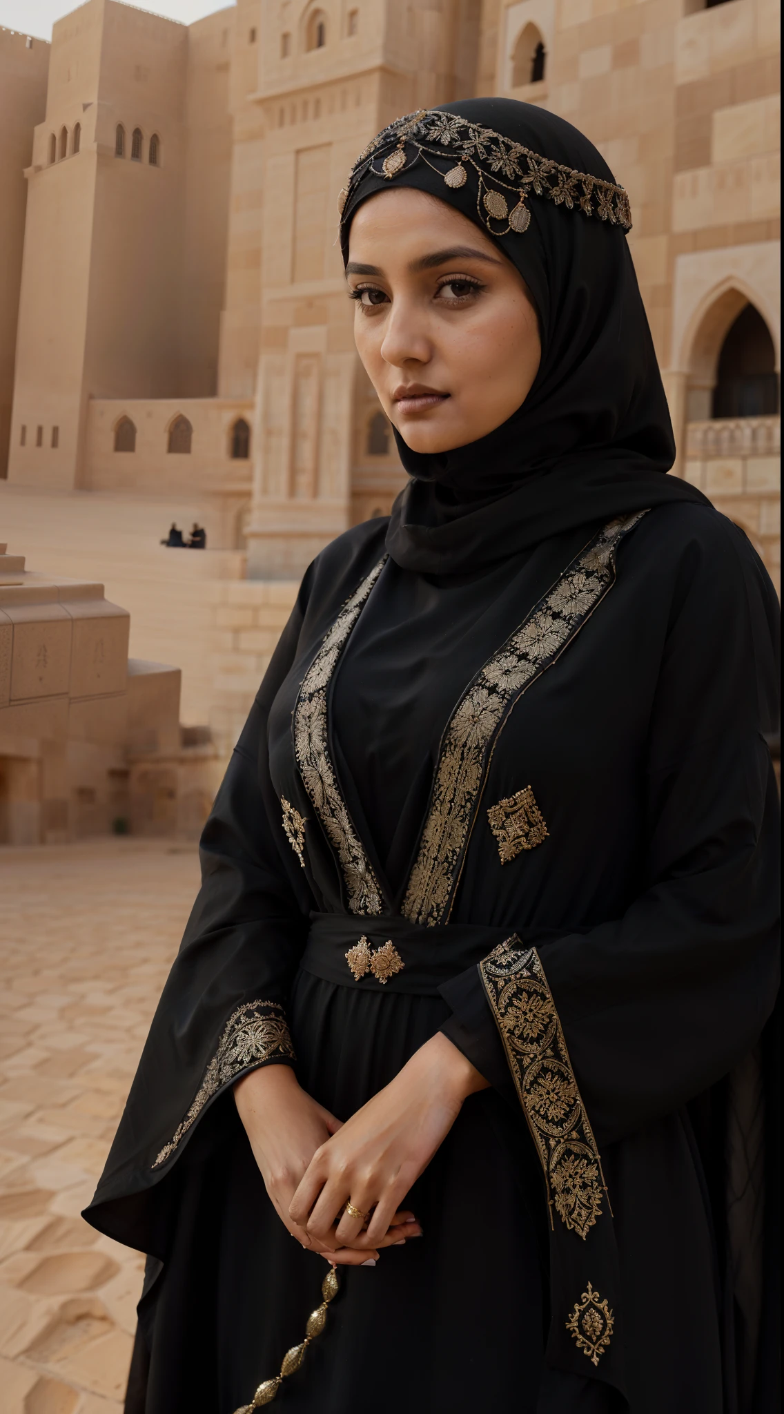 woman in black dress standing in front of a large building, african ameera al taweel, portrait shot, woman in black robes, dressed thobe, intricate details. front on, intricate detailing, subtle details, desert robe, filigran intricate details, finely detailed features, detailed face of an arabic woman, modest flowing gown, side view intricate details