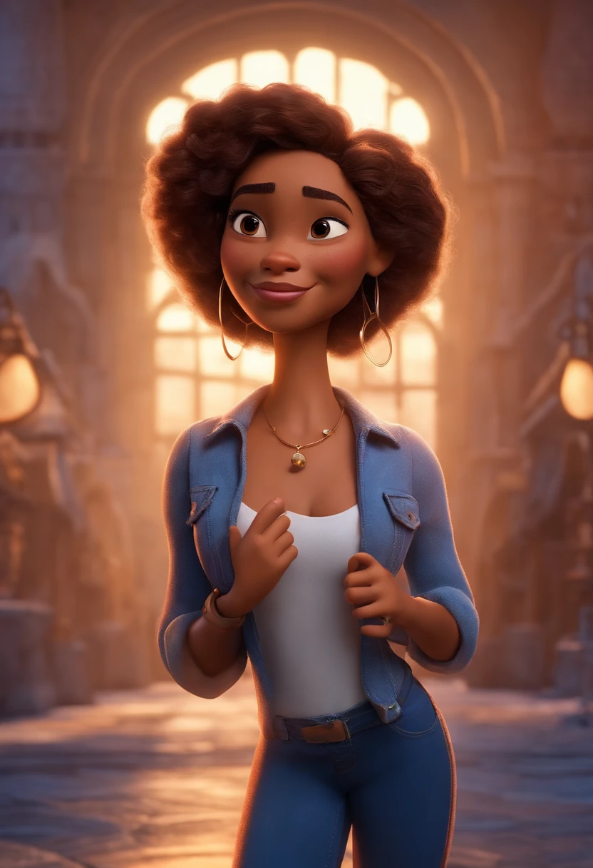 Pixar style image with 3D character mulatto woman medium straight hair, Maquiagem Disney,Pescador, bonitinho, sorridente ,Close-up, Pixar, Disney, Cinema lighting, engenheira civil, construction