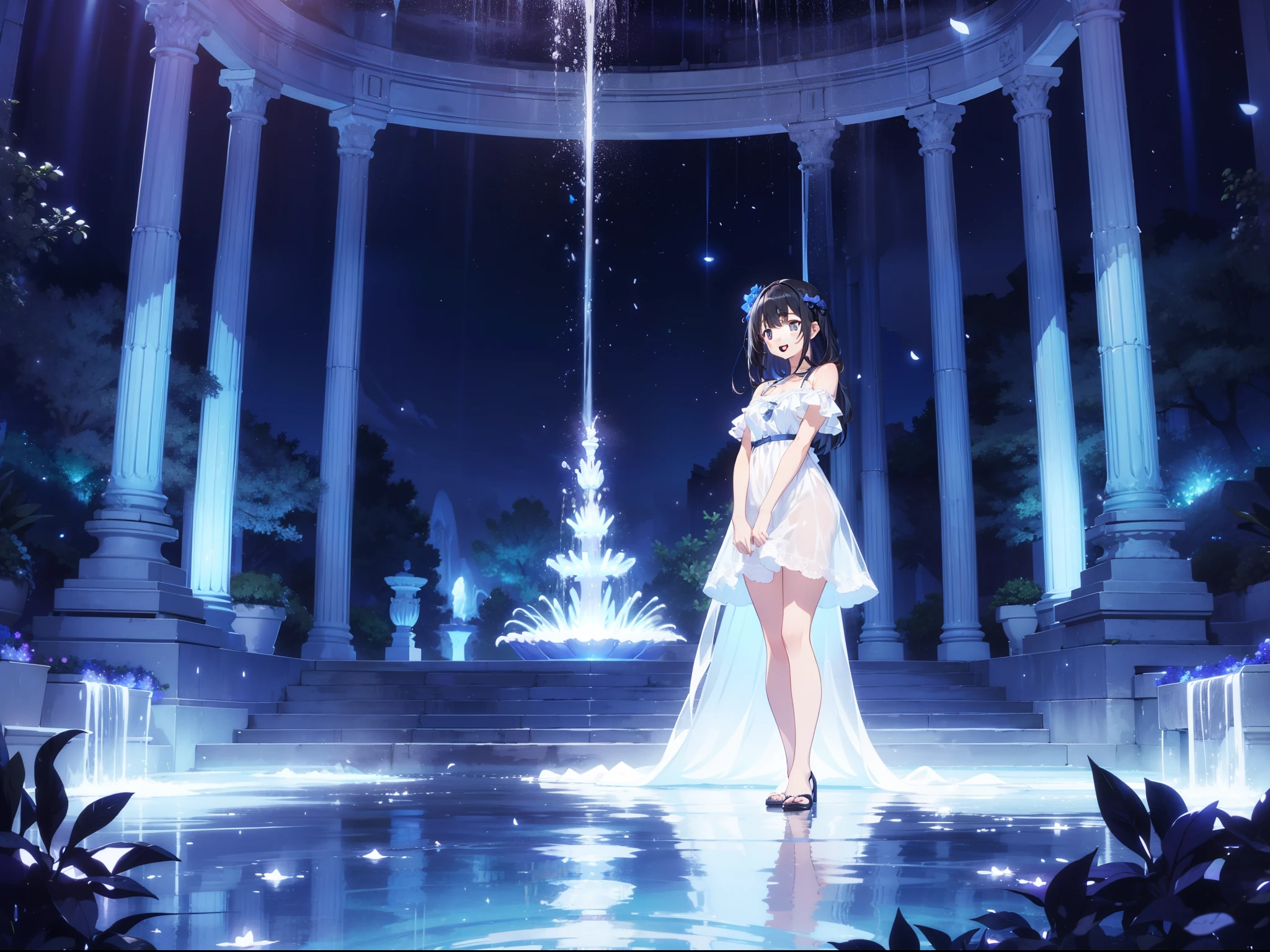 1  cute girl ,(((blue lighting))), standing , cross legs, reach out, (front), full body ,((Faintly emerge from the darkness)) ,white sundress, smile, open mouth, black hair, night  ,(background big fountain) , high resolution,(incredibly absurdres),anime visual,extremely detailed CG unity 8k wallpaper, ((masterpiece)), ((top-quality)), (beautiful illustration), ((an extremely delicate and beautiful))