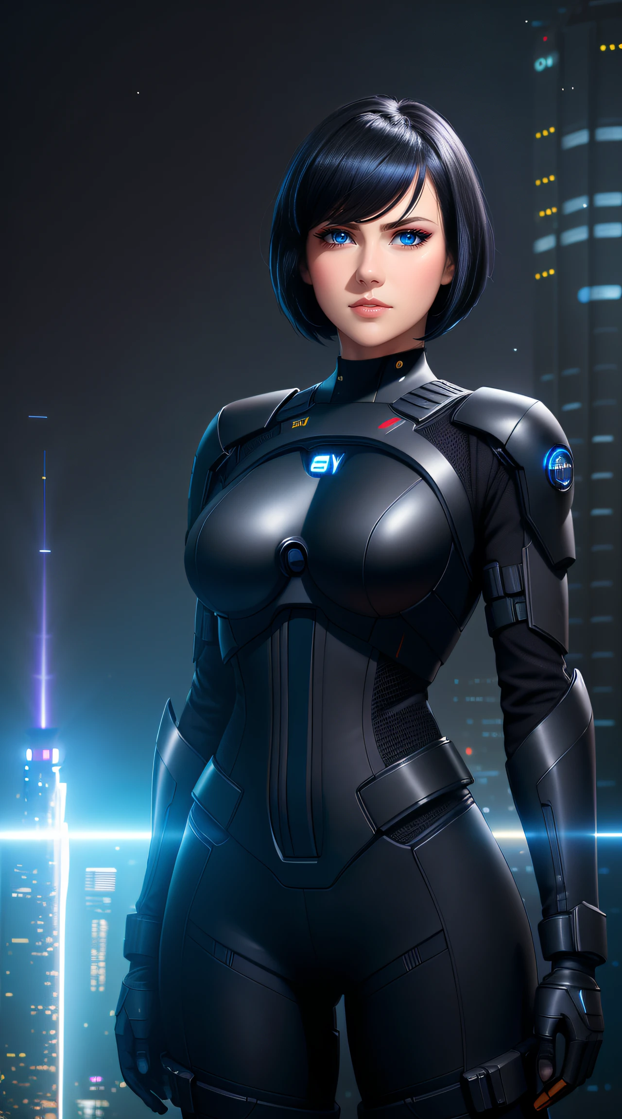 Science Fiction,Sci-Fi,Sci-Fi Movies,Foundation Movie References,Stories about Rebellion,Anti-Government Groups,25-Year-Old Woman, Full Body, Adult,Dark Blue Water-Colored Eyes,Black Bob Short Hair,leather body suit,Serious Face,Realistic Face Resolution,Realistic,Object Resolution, (dark city night black background:1.4)