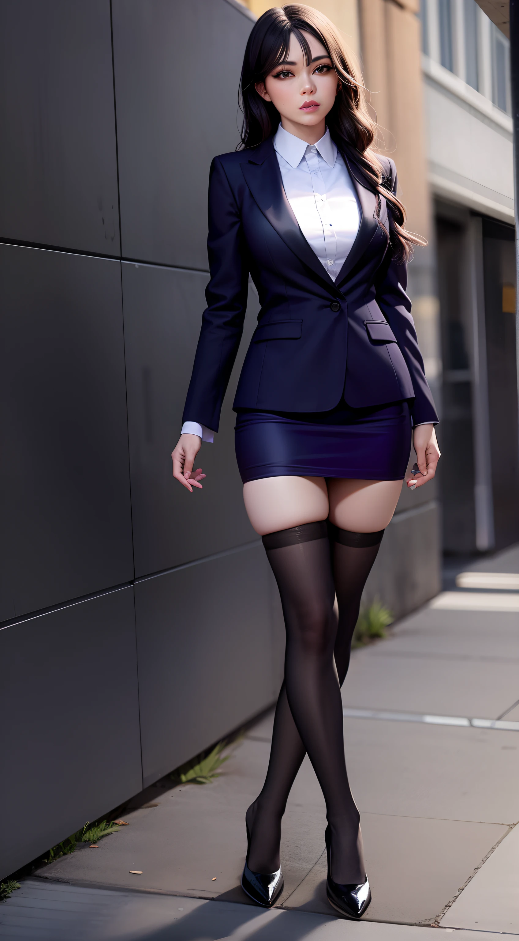 anime, estilo anime de mujer realist, 18 year old girl, (gray blazer, white lace panties, garter belt: 1.2), beautiful details of the eyes, light shines on your face, ((full body photo: 1.2)), particularly strong light, (good eyes, smile: 1.2), shiny skin, (((black hair, short hair: 1.2))), (thin thighs), , shy, (flash: 1.2), NSFW , ((seductive posture: 1.2, Charm: 1.2)), (standing in a sexy pose: 1.2)), ((excellent anatomy: 1.2)), ((In town、blurred background: 1.2)), perfect face, beautiful and symmetrical face, natural side lighting, ((8K, RAW photo, excellent quality, masterpiece), (highest quality), (best shadow), (best illustrations), ((erotic, sexy, ultra high resolution, 8K HD Integrated CG Wallpaper, physical manifestation, movie lighting)