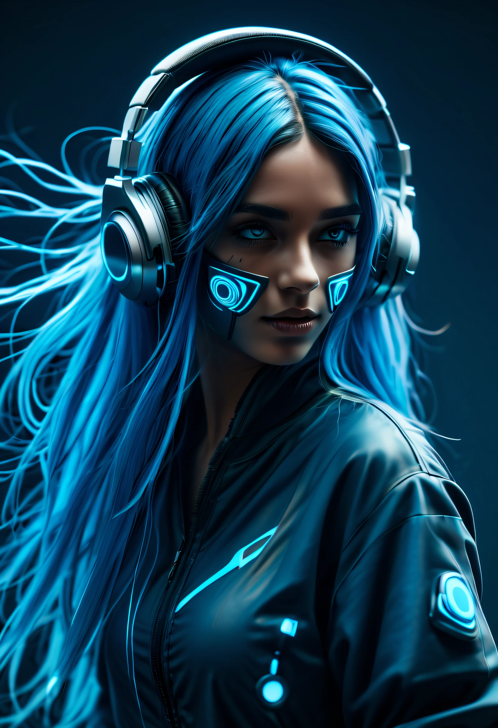 girl with long blue hair, blue eyes, futuristic vibes, mask on mouth, headphones, 8k, high quality, simple background, glowing eyes, nice pose