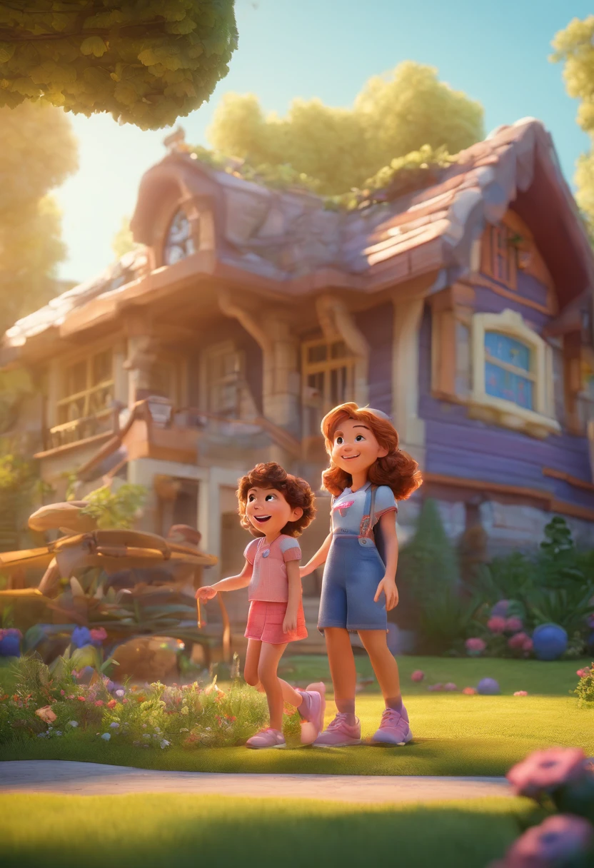 Estilo Pixar: Uma menina de 2,4 years on a slide next to his mother, ambas sorrindo. Around the grass and in the background the roof of the school and a large tree.,3D Poster,Disney