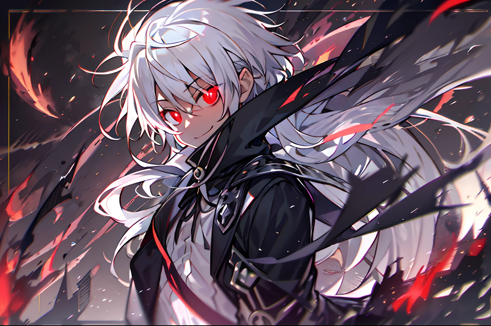 hight resolution,close range、Anime boy with white hair and red eyes staring at camera, Glowing red eyes,slim, dressed in a black outfit,Shadow Body,de pele branca,monochromes,hair messy,Aggressive smile、Diagonal angle、Vortex of flames