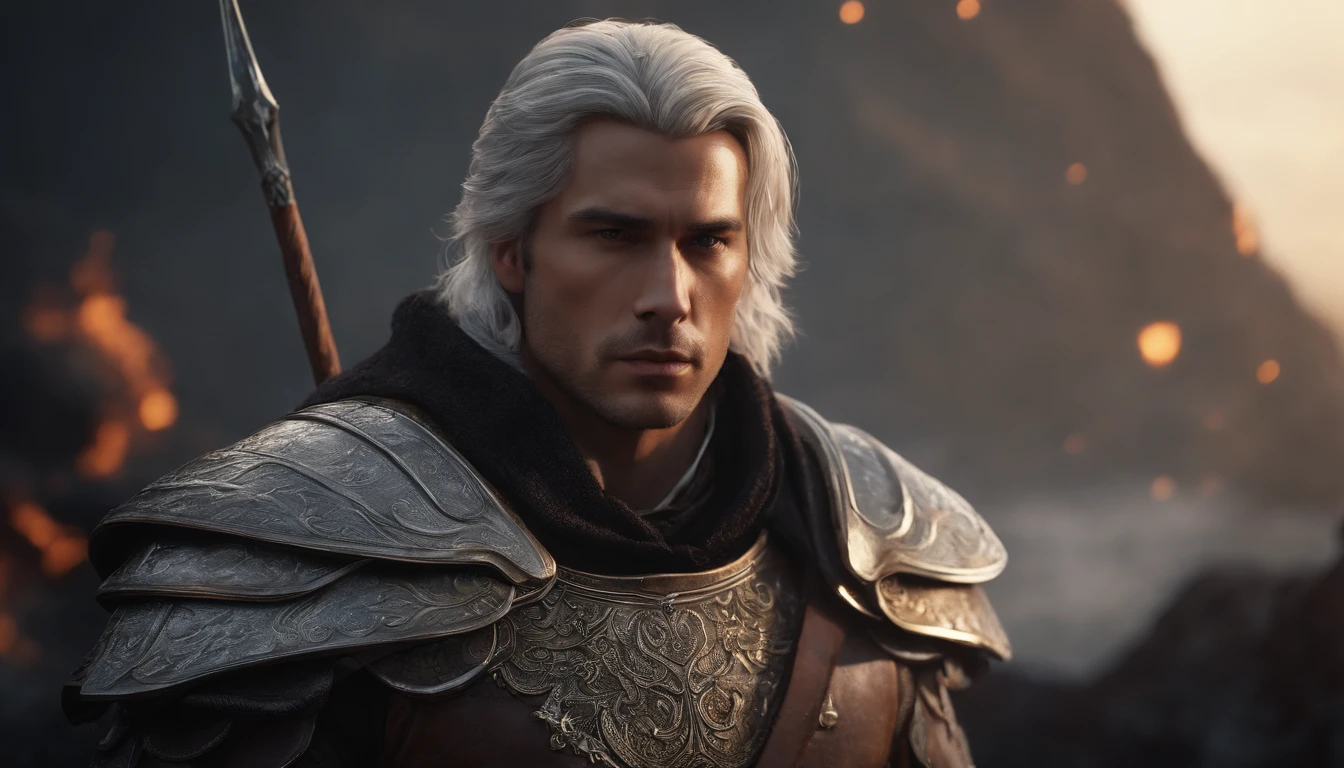 A handsome young warrior with medium silver hair looking at the kingdom, Behind him is a strong adult warrior with brown hair, Dark setting, ultra-realistic, Estilo de desenho Guweiz, Landscape, 8k, inverno, Dramatic Particles, melhor qualidade,4k,8k,alto,master part:1.2,ultra-detalhado,Realistic:1.37, fiery particles, wallpapper, characters side by side.