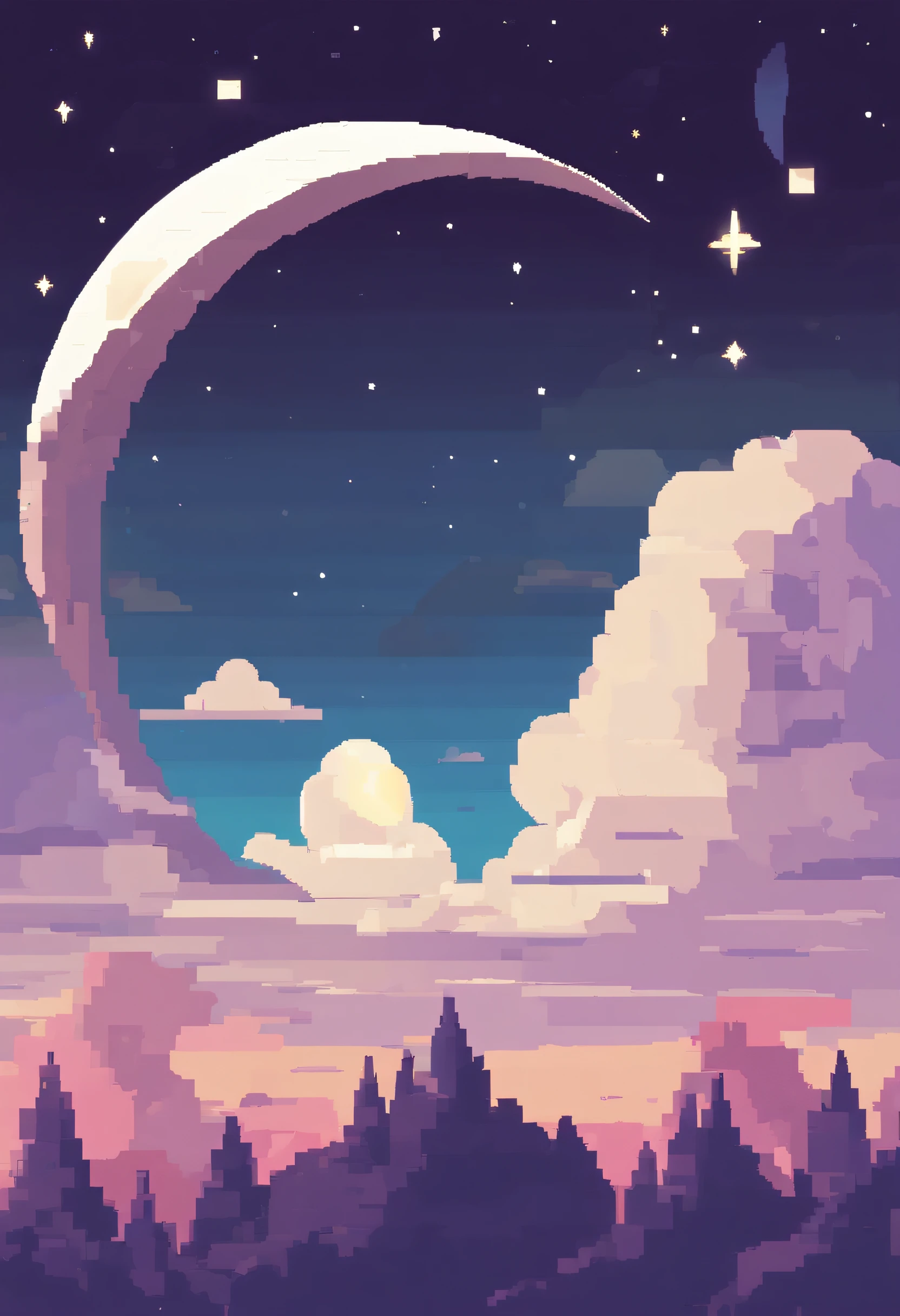 A white and flawless first quarter moon,Dark night,Stars in the sky,Clouds,dream,High image quality,