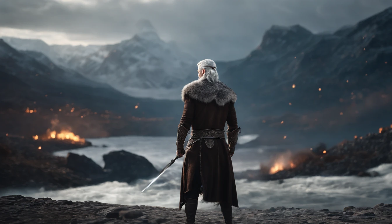 A handsome young warrior with medium silver hair looking at the kingdom, Behind him is a strong adult warrior with brown hair, Dark setting, ultra-realistic, Estilo de desenho Guweiz, Landscape, 8k, inverno, Dramatic Particles, melhor qualidade,4k,8k,alto,master part:1.2,ultra-detalhado,Realistic:1.37, fiery particles, wallpapper, characters side by side.