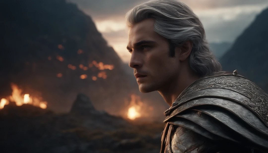 A handsome young warrior with medium silver hair looking at the kingdom, Behind him is a strong adult warrior with brown hair, Dark setting, ultra-realistic, Estilo de desenho Guweiz, Landscape, 8k, inverno, Dramatic Particles, melhor qualidade,4k,8k,alto,master part:1.2,ultra-detalhado,Realistic:1.37, fiery particles, wallpapper, characters side by side.
