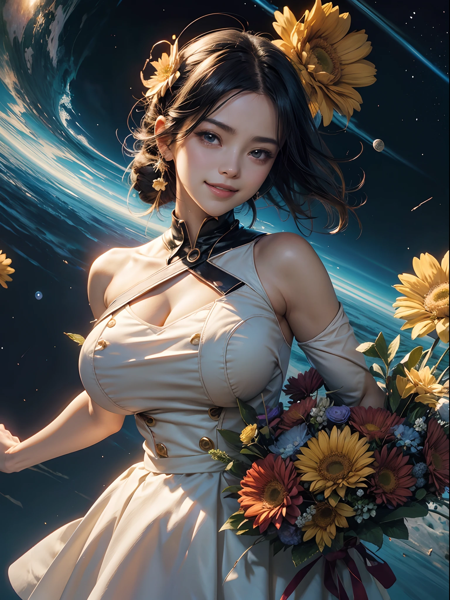 (Best Quality, masutepiece), 1girl in, Pose, Particle, Wind, flower, Upper body, Simple background, Looking at Viewer, Black rowdy hair, cosmic, nebulas, Galaxy,(Best Quality:1.3), (hight resolution:1), (huge-breasted:1.5), (unbelievable:1.3), (Perfect:1.3), (Perfection:1.3), (Volume Cover Art:0), (Illustration:1.3),The Art of Makoto Shinkai,holding flower bouquet,Both hands are the center of the body,face to the viewer,A gentle smile with a big smile,