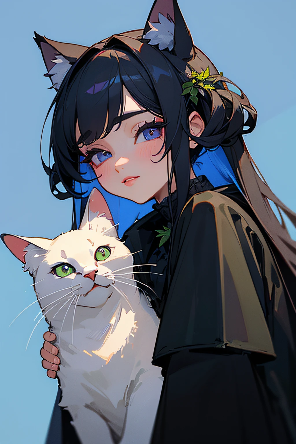 (hight resolution,Masterpiece:1.2),Vivid colors,beautiful detail eyes,beautiful detailed lips,long eyelashes,black coat,fluffy fur,cute expression,Feline Grace,Let's move on to the camera,on a blue background,Greenery and plants on stage