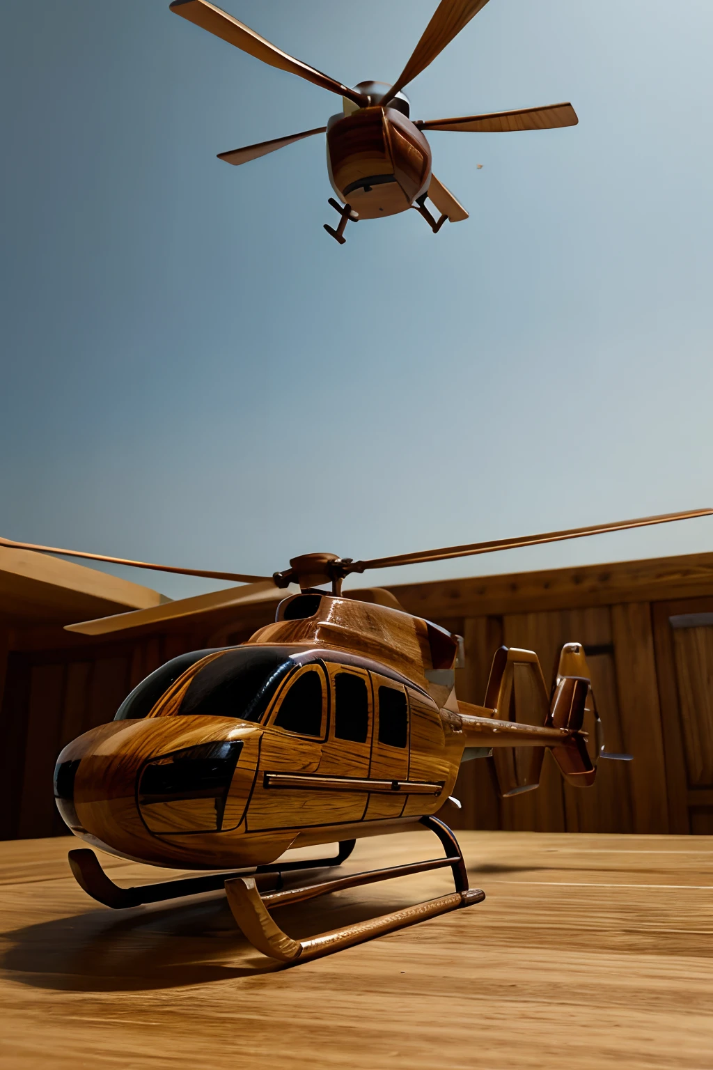 wooden made flying helicopter, still life shot, sky background