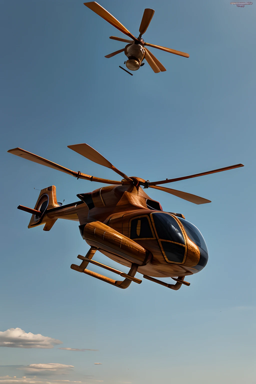 wooden made flying helicopter, still life shot, sky background