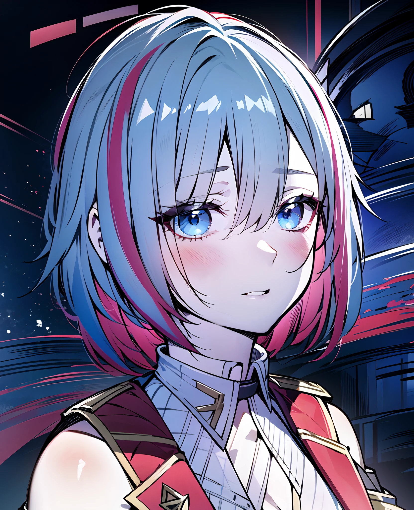 (masterpiece:1.2), (pale skin:1.2), (solo:1.2), (female:1.1), (emphasis lines:1.3), white hair, multicolored hair, blue eyes, short hair, bare shoulders, outdoors, bangs, uniform