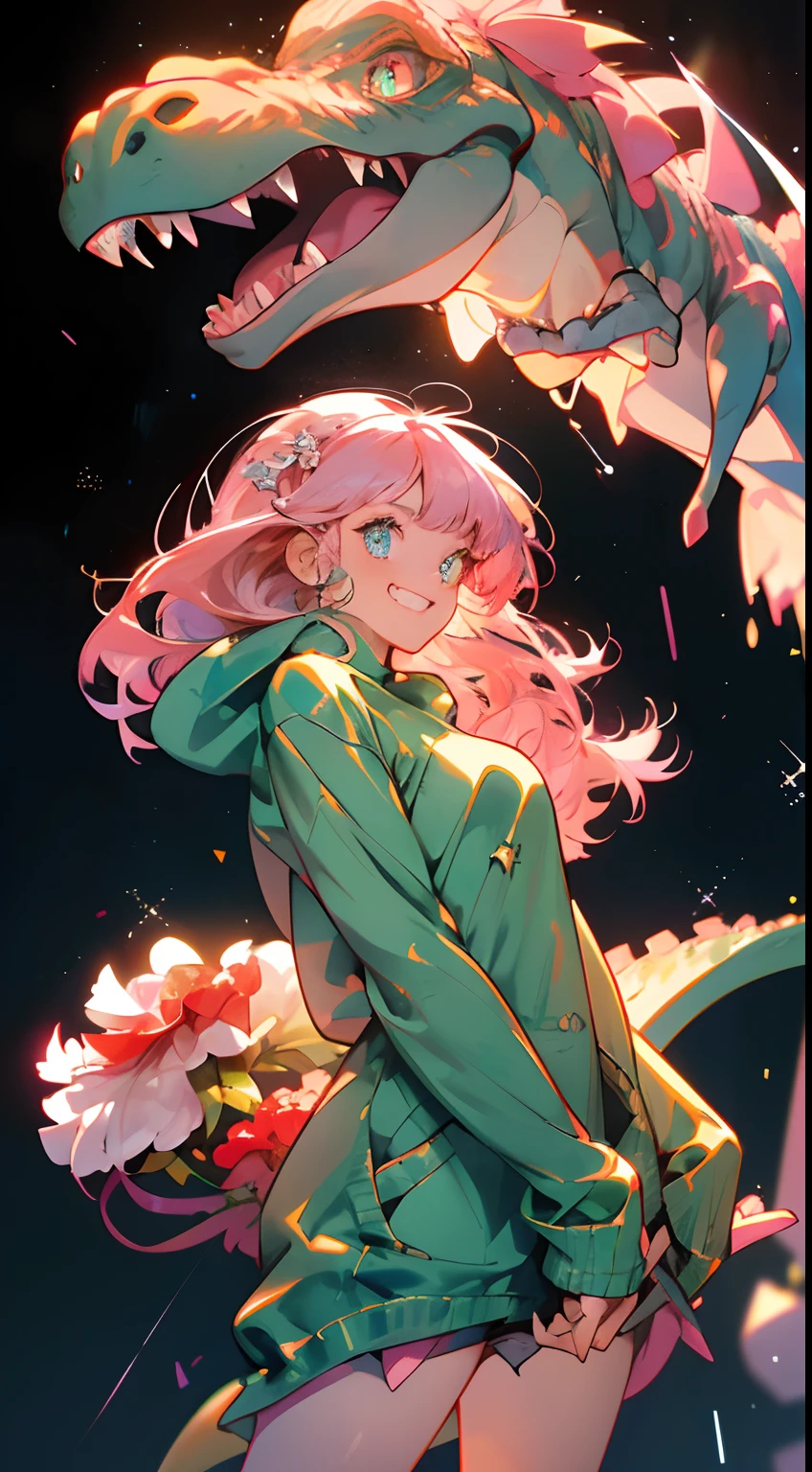 masterpiece , detailed image , detailed eyes , beautiful eyes , detailed hair , detailed hands , normal hands , detailed fingers , normal fingers , 1girl , solo , 20 year old girl , beautiful girl , cute girl , (Scarlet eyes:), sparkling eyes, bright eyes, (long hair), waist length hair, ((Carnation-pink-colored hair)), (bangs hairs:1.5), happy expression, big smile, sharp teeth, big eyes , ((wearing an oversized Jade-colored thigh-length sweater dinosaur costume :1.5 )), a cute thigh-length sweater dinosaur costume , (dinosaur tail) , a baggy shirt , (costume clothes:1.5) , Cute action, lovely pose, white background, black background, blurred background , cowboy shot