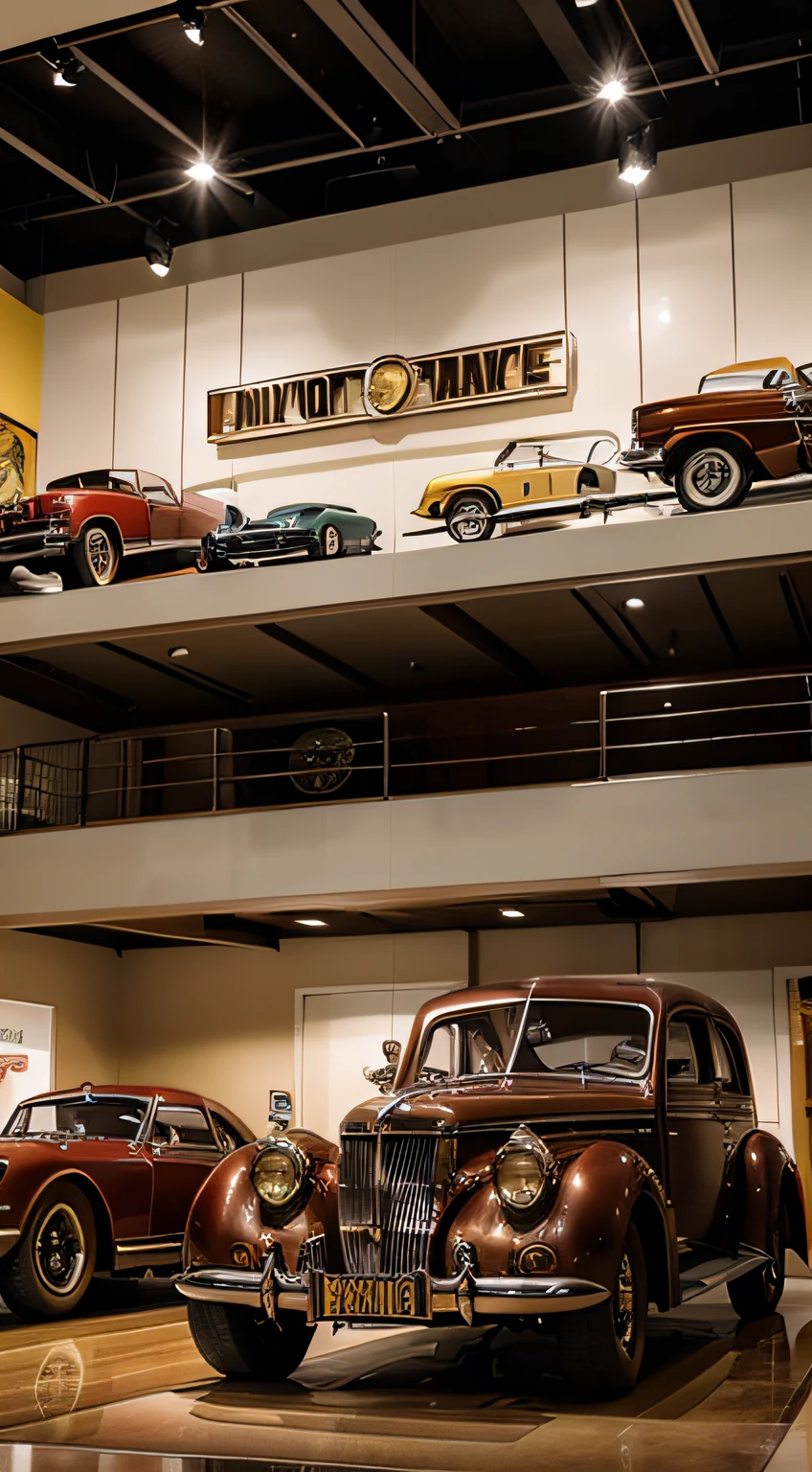 Illustrate a luxurious showroom filled with vintage cars from the 1940s and 1950s, showcasing the opulence of the era, smooth colors, vintage