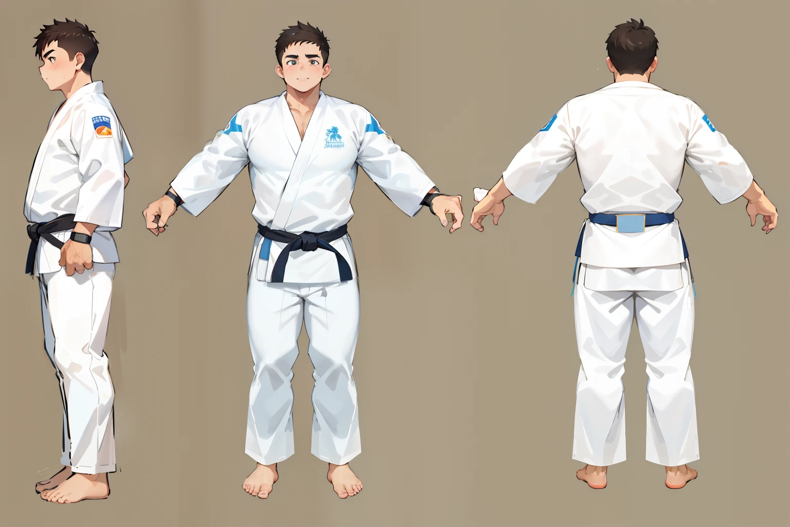 ((1boy_only, same_character, same_outfit)), charturnerv2, character_turnaround, character_sheet, ((3views)), reference_sheet, (chubby:1.2, stocky:1.2), ((white judo gi)), ((dougi)), barefoot, ((long pants)), (bara:1.2), (shota:0.25), buzz_cut, full body shot, ((cool, cute, awesome)), (fingerless gloves), (chubby_face:0.8), (solid_background)