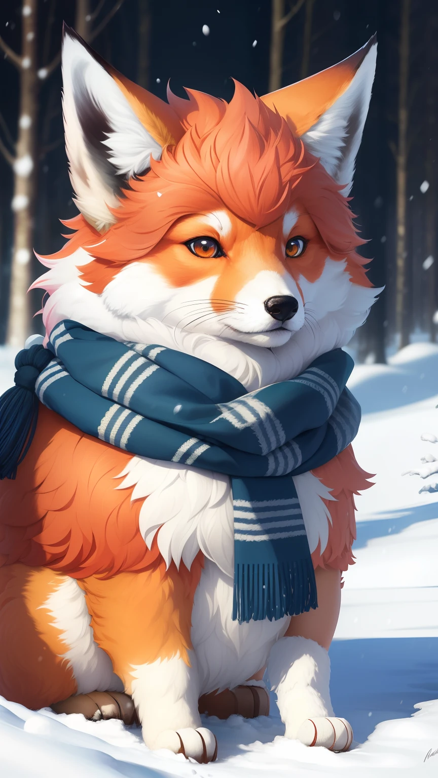 style-nebmagic, Portrait of a round fluffy cute fox with a scarf by Style-SylvaMagic in the snow, Author：by Ismail Inceoglu, Gazelle, James Jean, Anton Fadeev and Yoshitaka Amano, Crazy details, 8K resolution, Digital Art, Popular on ArtStationH, Bright color, chibiStyle, tmasterpiece, Lovely, Friendly, Lovely