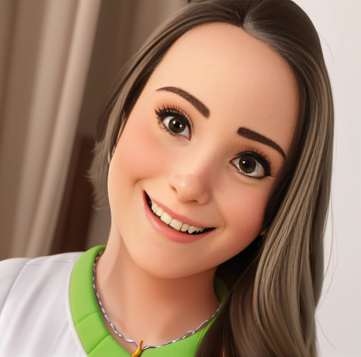 mulher sorrindo, estilo pixar/disney, olhos castanho escuro, cabelo longo