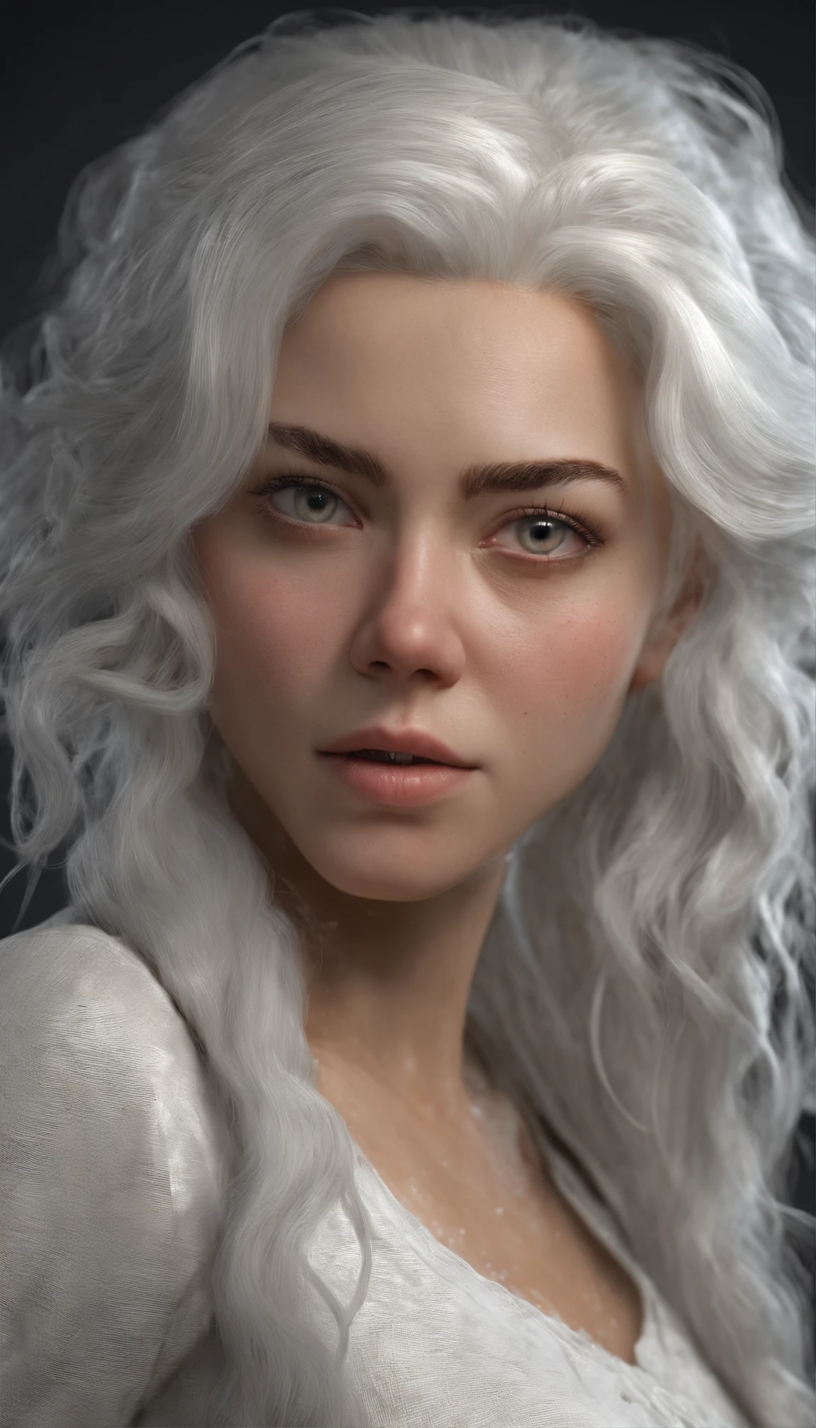 (best quality,4k,8k,highres,masterpiece:1.2),ultra-detailed,(realistic,photorealistic,photo-realistic:1.37), HDR,UHD,studio lighting,ultra-fine painting,sharp focus,physically-based rendering,extreme detail description,professional,vivid colors, bokeh,full body, Alice, young 25-year-old woman, white hair, white skin, waved hair, powerful and impactful representation of the scene