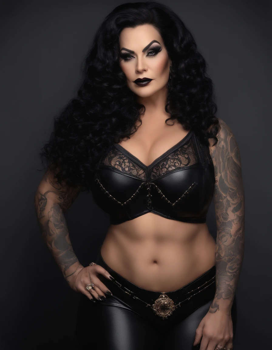 Dominatrix acima de 40 anos,mulher com 60 anos, BBW, rugas, pose for selfie not Instagram, Tattooed with heavy makeup of long black and black hair looking at camera, foto detalhada, lifelike lighting, Pele real de alta qualidade: 1.4, Improved cinematic lighting: 0.9,hiper-realista: 1.4, (soft-lighting: 1.05) figura movimentada,Homem-Imponente, rugas, intimidando a mulher, pose dominante sexy, domination, There are slave-owning rulers, amante, BDSM