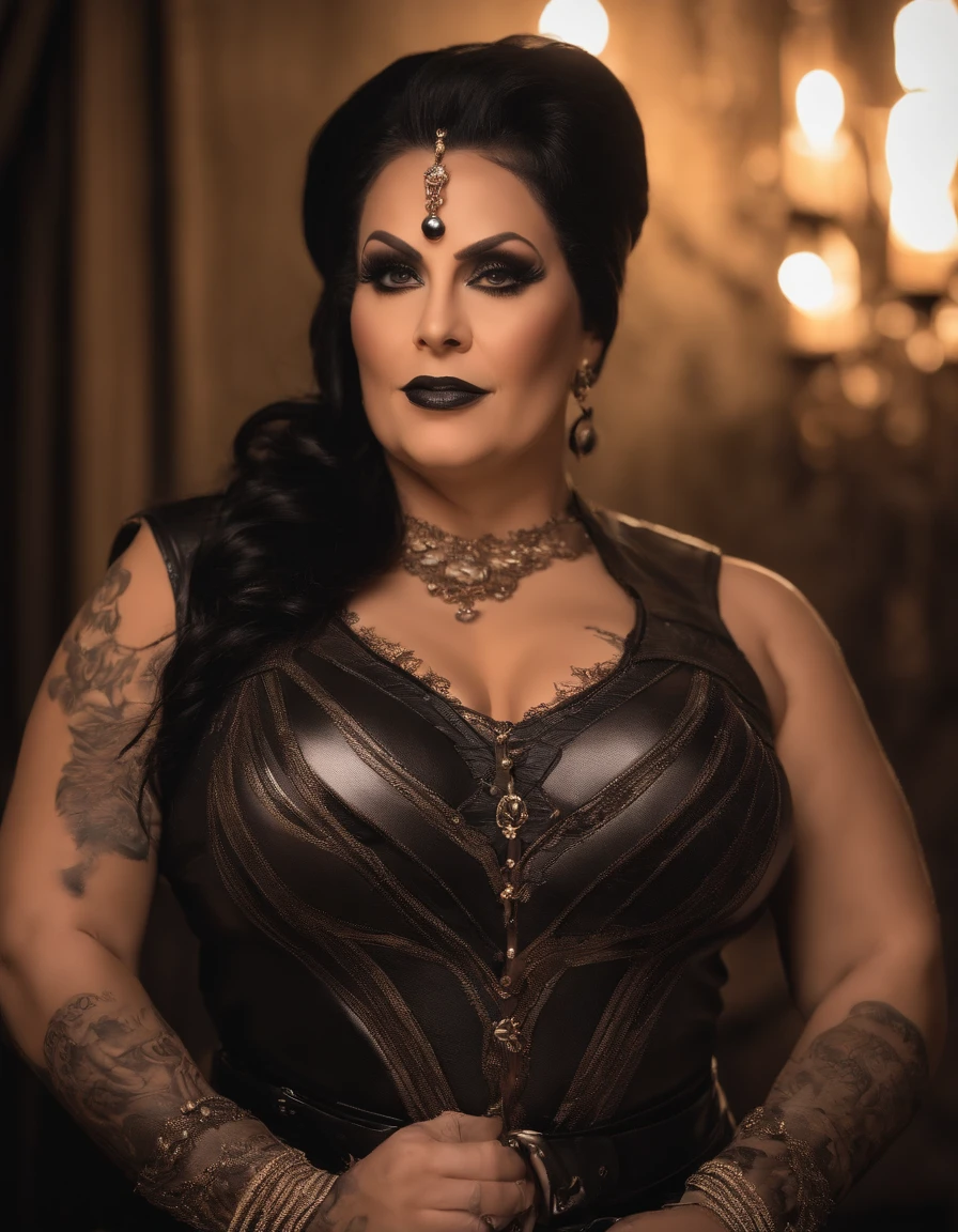 Dominatrix acima de 40 anos,mulher com 60 anos, BBW, rugas, pose for selfie not Instagram, Tattooed with heavy makeup of long black and black hair looking at camera, foto detalhada, lifelike lighting, Pele real de alta qualidade: 1.4, Improved cinematic lighting: 0.9,hiper-realista: 1.4, (soft-lighting: 1.05) figura movimentada,Homem-Imponente, rugas, intimidando a mulher, pose dominante sexy, domination, There are slave-owning rulers, amante, BDSM
