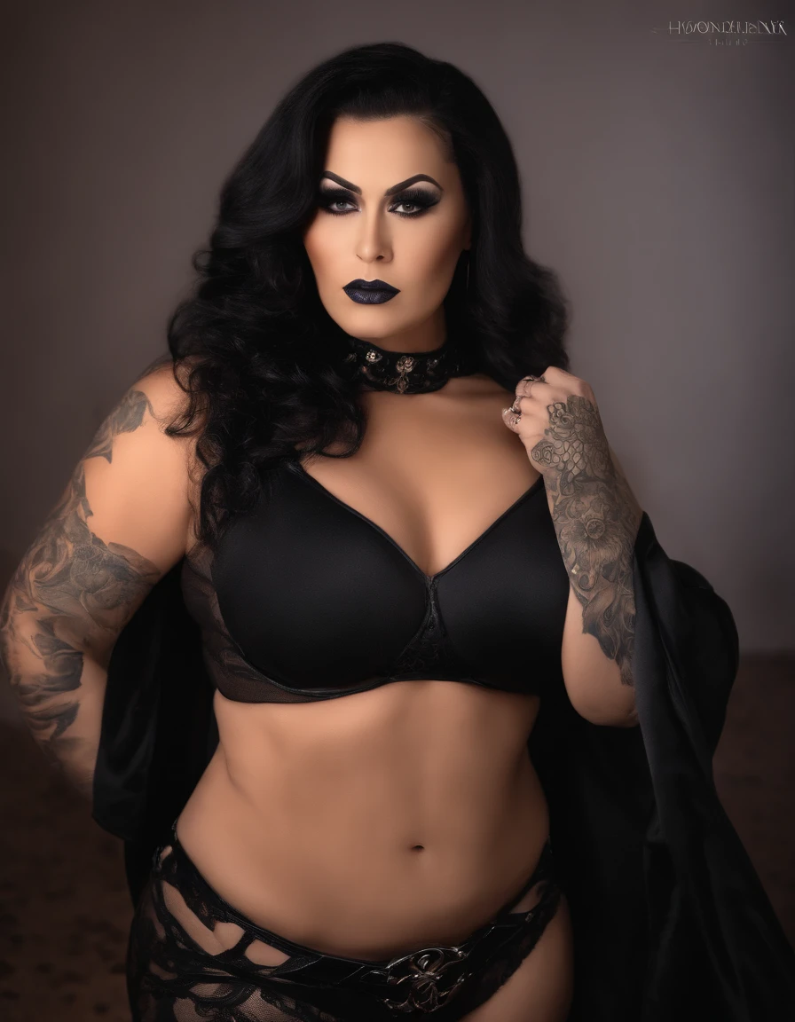 Dominatrix acima de 40 anos,mulher com 60 anos, BBW, rugas, pose for selfie not Instagram, Tattooed with heavy makeup of long black and black hair looking at camera, foto detalhada, lifelike lighting, Pele real de alta qualidade: 1.4, Improved cinematic lighting: 0.9,hiper-realista: 1.4, (soft-lighting: 1.05) figura movimentada，Homem-Imponente, rugas, intimidando a mulher, pose dominante sexy, domination, There are slave-owning rulers, amante, BDSM