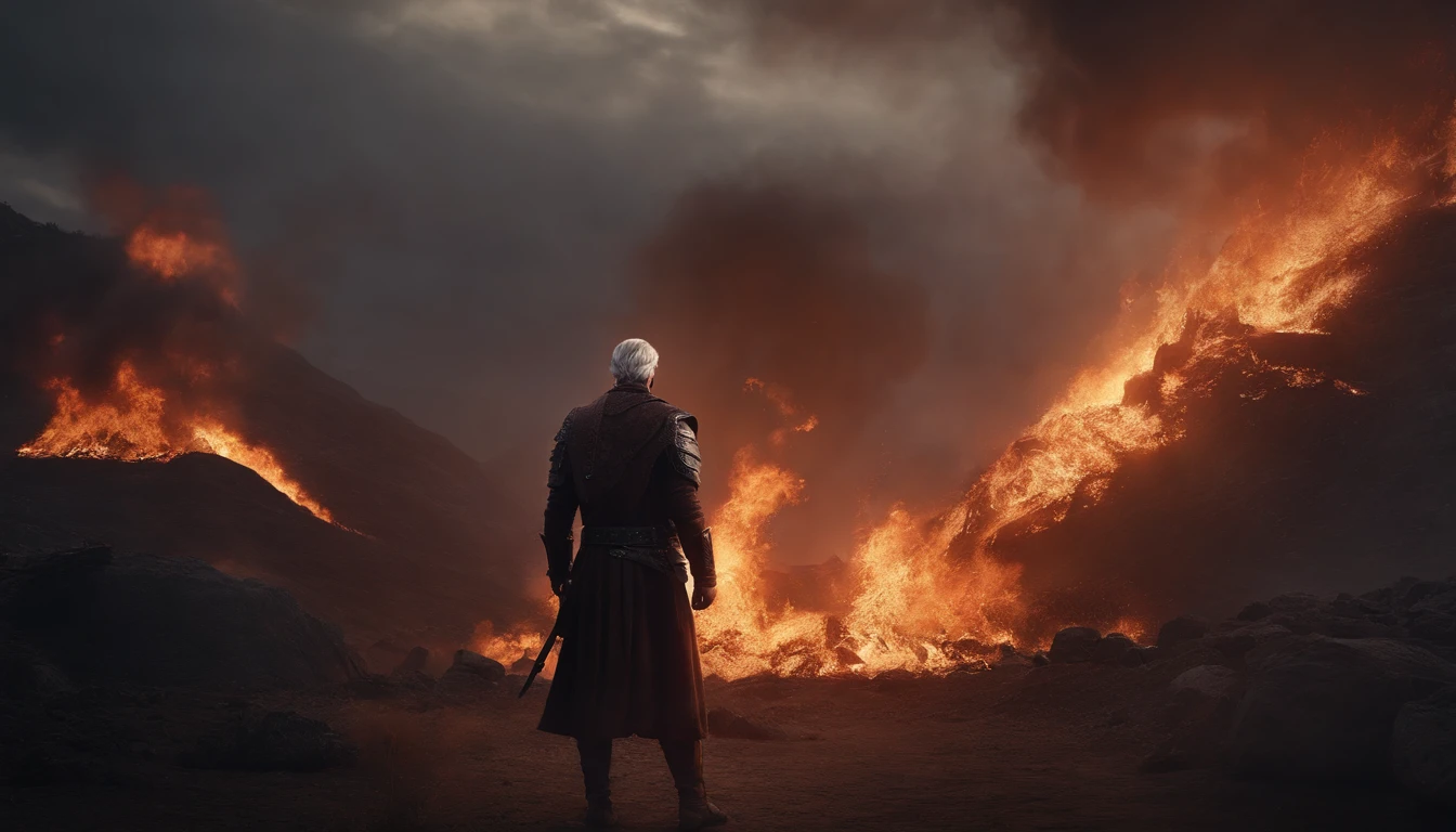 A handsome young warrior with medium silver hair looking at the burning fiefdom, ruas em sangue, Planting Flames, reddish sky, total destruction, Dark setting, ultra-realistic, Estilo de desenho Guweiz, Landscape, 8k, inverno, Dramatic Particles, melhor qualidade,4k,8k,alto,master part:1.2,ultra-detalhado,Realistic:1.37, fiery particles, wallpaper.