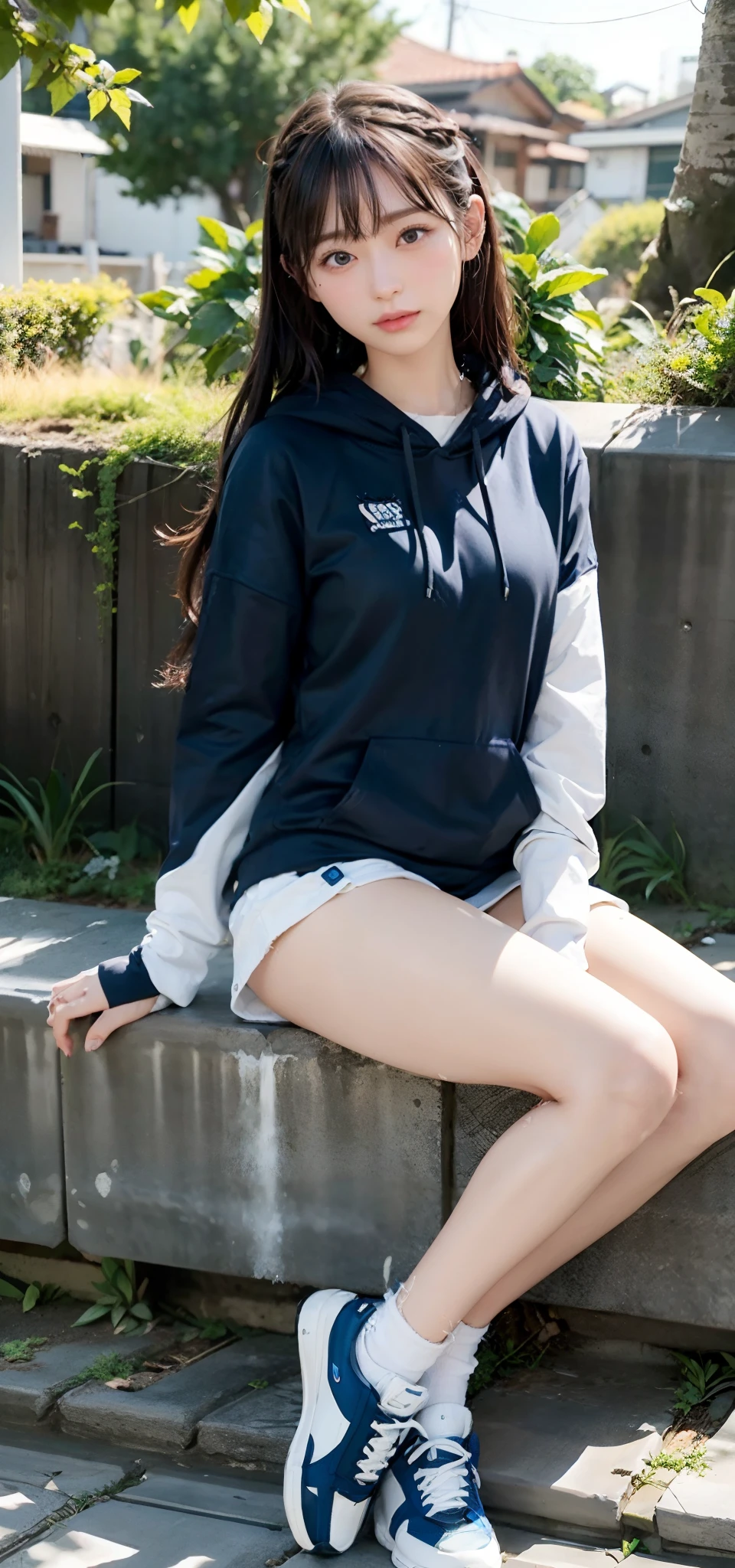 Woman sitting on bench wearing hoodie and sneakers, girl wearing hoodie, ulzzangs, black haired girl wearing hoodie, korean female fashion model, Wearing hoodie, next to a tree, Choi Hong Hwa, Cute Girl, in a hoodie, she is wearing streetwear, sitting on a tree, Korean Girl, Casual clothing, cutecore, jaeyeon nam