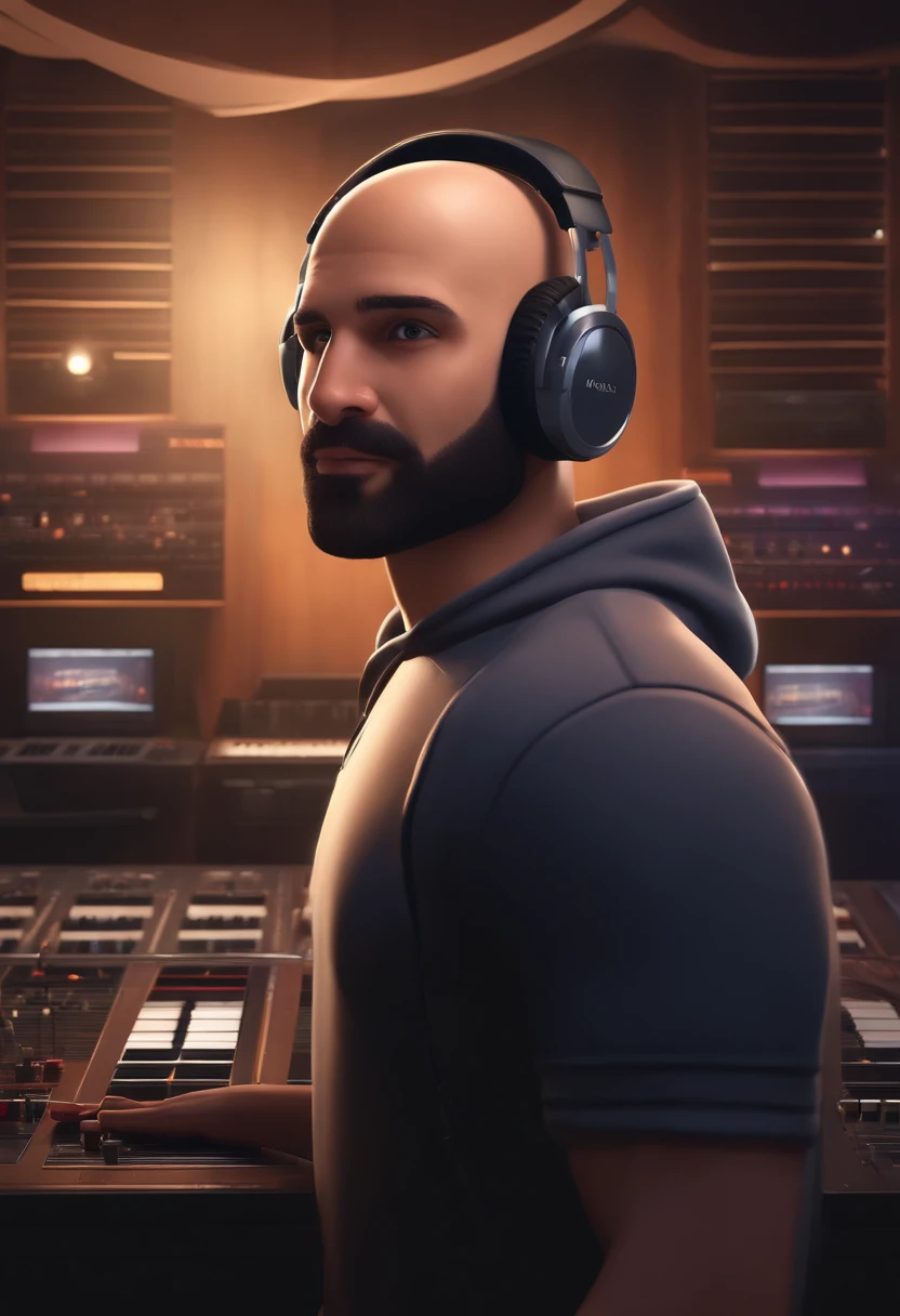 a man, bald, short beard, brown eyes, with headphones, a music studio in background, image in pixar style, 3D Animated Movie Style, disney, black t-shirt