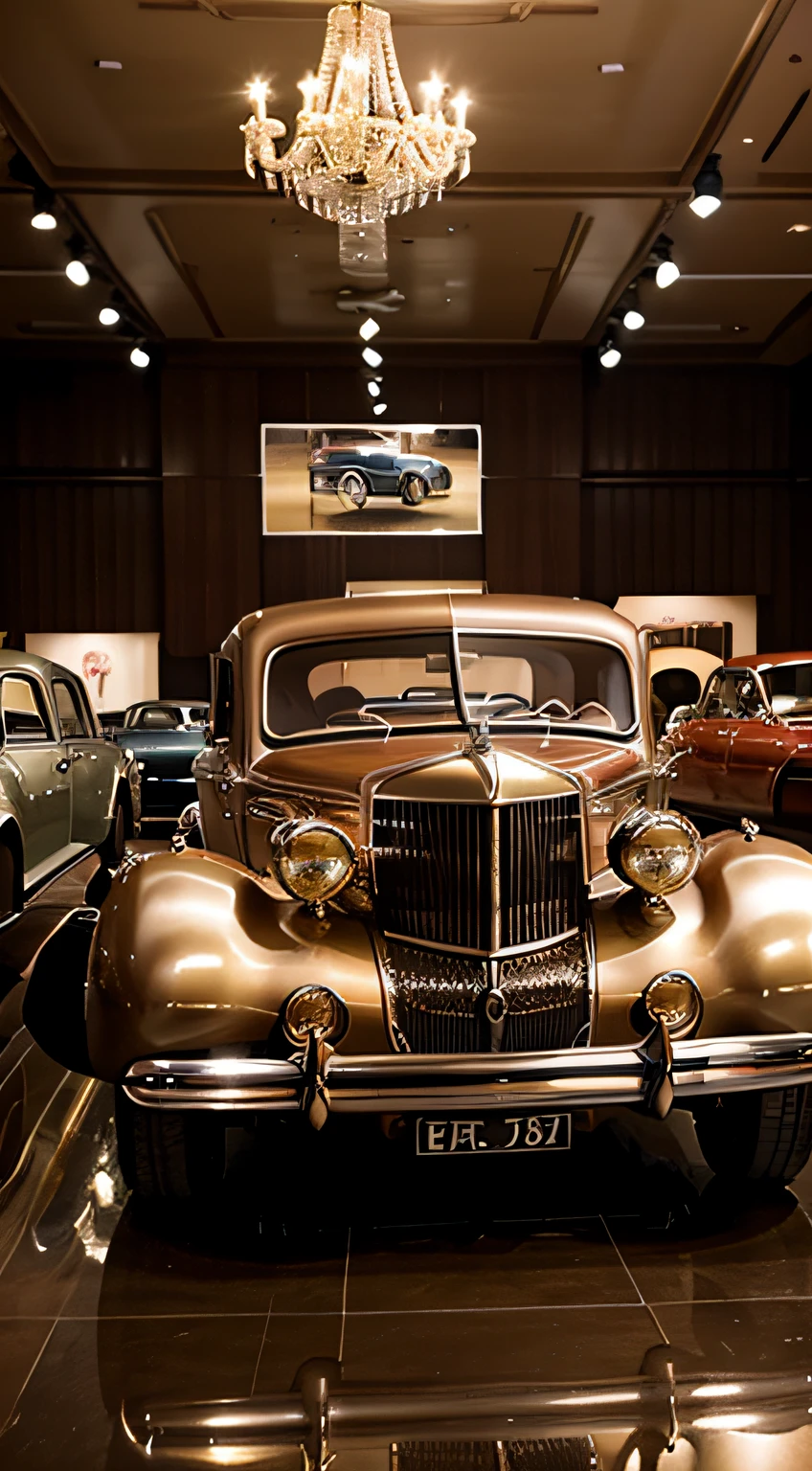 Illustrate a luxurious showroom filled with vintage cars from the 1940s and 1950s, showcasing the opulence of the era, smooth colors, vintage