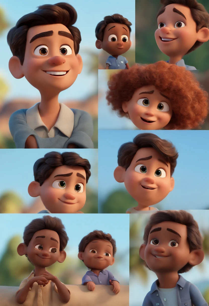 Garoto, estilo disney, tom de pele: claro:  Cabelo: marrom escuro, liso, curto, penteado para o lado direito. camisa: social, Cor azul. Fundo: Gray and white gradient,Comemorando, Hands raised, sorrindo, feliz, (estilo pixar) (obra-prima:1.2) (bokeh) (melhor qualidade) (pele detalhada) (textura detalhada) (8k) (claymation) (cinematic lighthing) (foco nítido