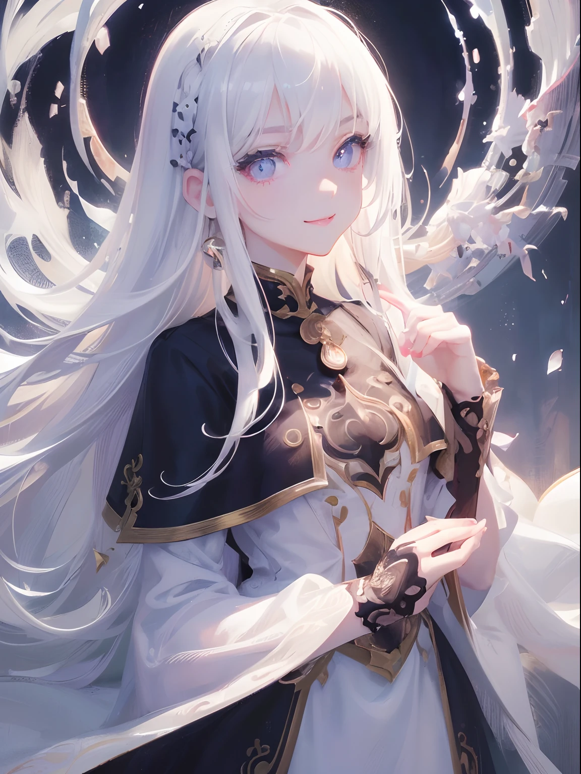 masutepiece, Highest Quality, (Perfect face:1.1), (high detailing:1.1), (ultradetailed eyes), Dramatic,  superfine illustration, Extremely detailed, 1girl in, (pale skin), long white hair, Ethereal eyes, (light eyebrow), ((Lovely smile)), Solo, Long hair, magical little girl, Pouty lips, Proud Expression, Cinematic lighting, Looking at Viewer, Cowboy Shot