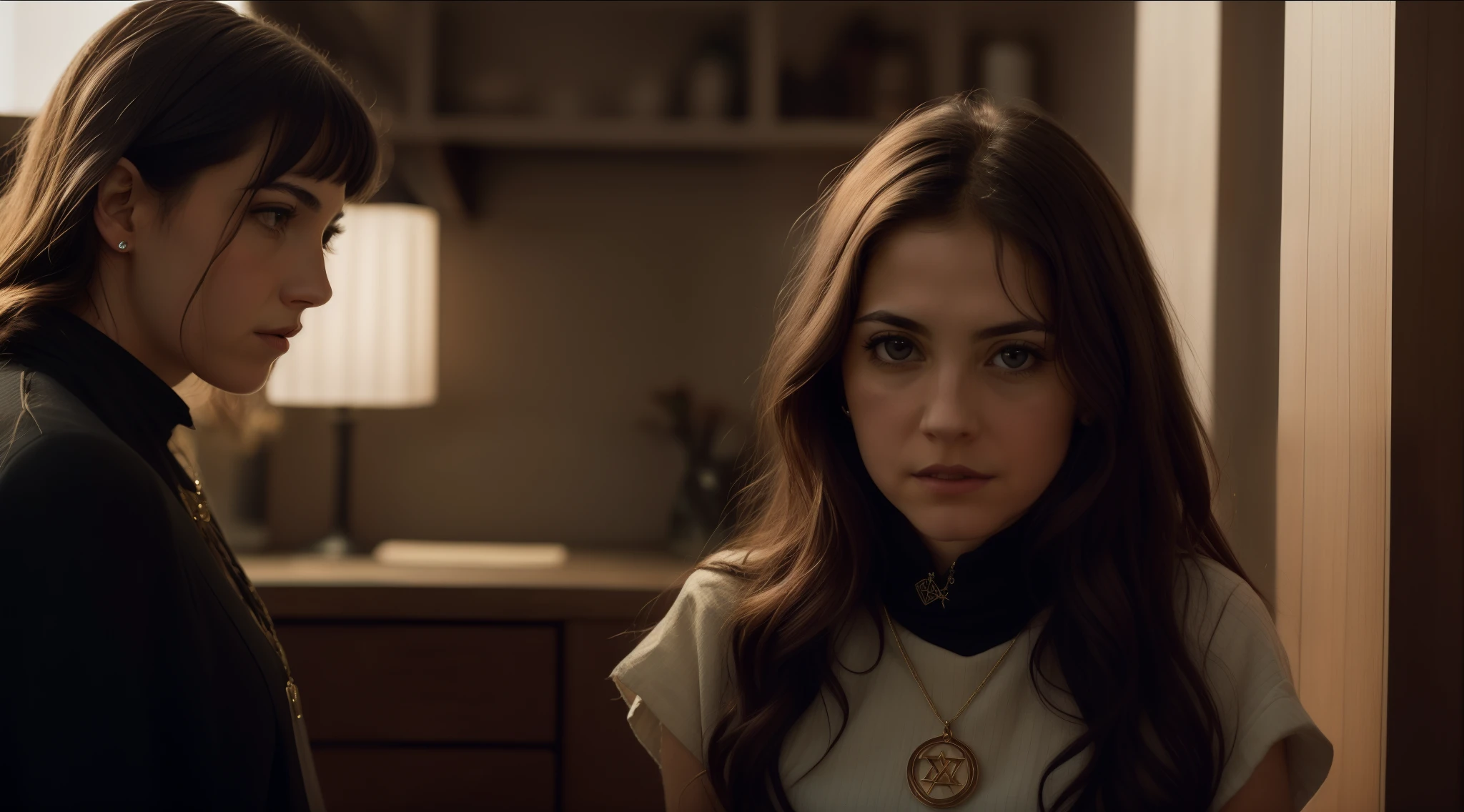 emphasize Esther's face and expression determination Include subtle visual cues that allude to her Jewish heritage, such as a Star of David pendant or Hebrew script somewhere in the image --auto --s2