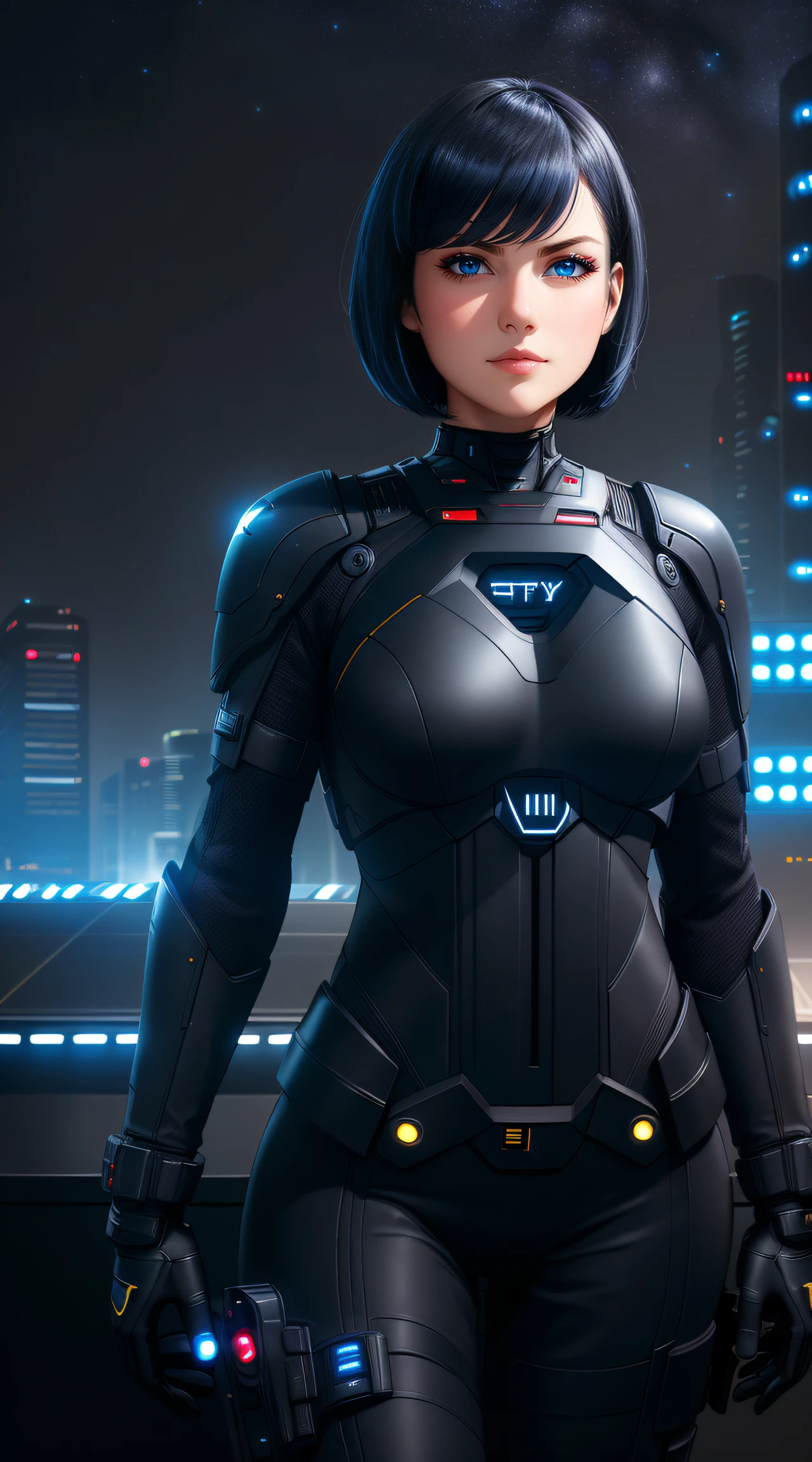 Science Fiction,Sci-Fi,Sci-Fi Movies,Foundation Movie References,Stories about Rebellion,Anti-Government Groups,25-Year-Old Woman, Full Body, Adult,Dark Blue Water-Colored Eyes,Black Bob Short Hair,leather body suit,Serious Face,Realistic Face Resolution,Realistic,Object Resolution, (dark city night black background:1.4)
