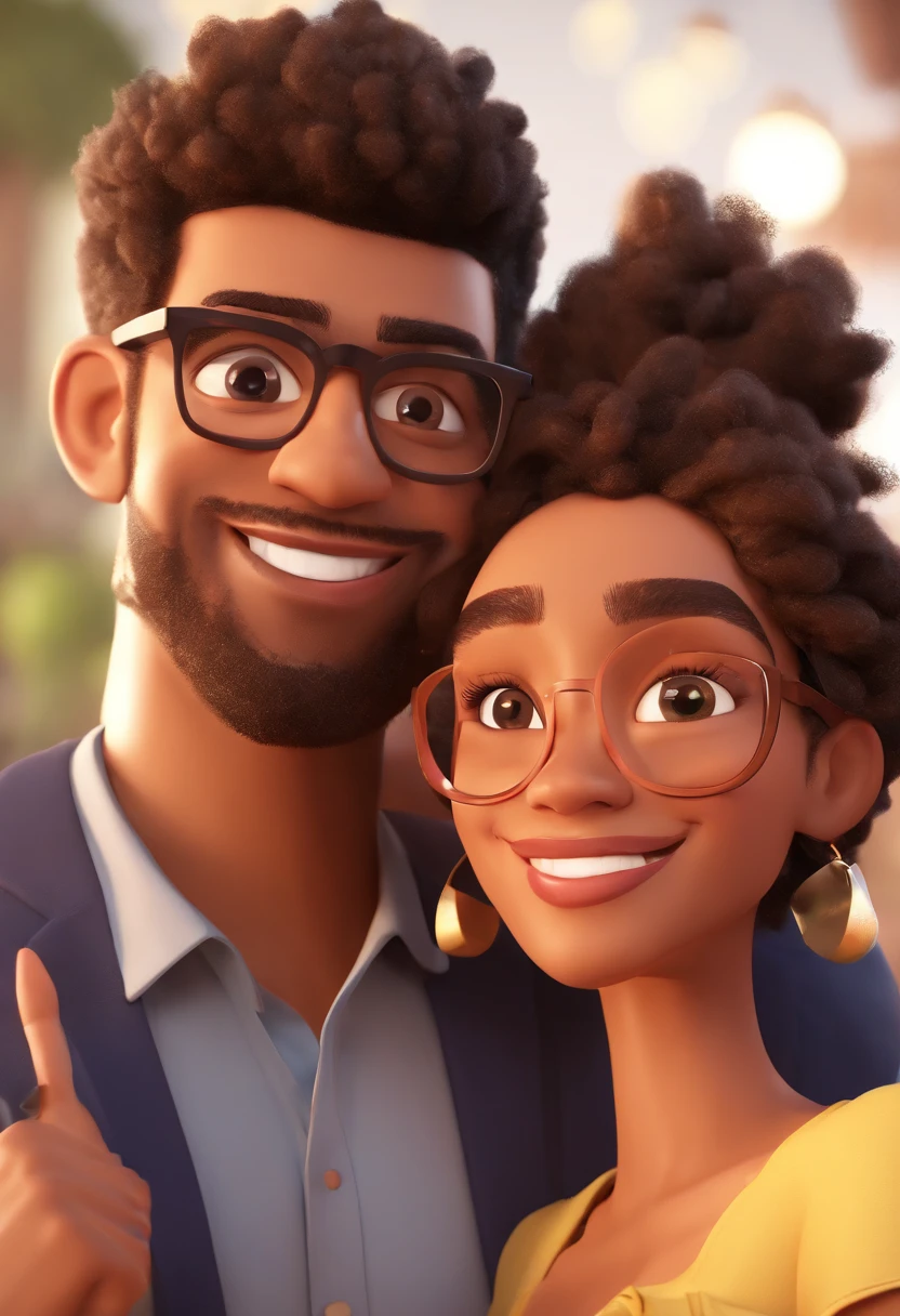 An illustration of an adorable couple, Spotlight on a man in glasses, Light brown hair straight man's skin is white. The woman is black and has brown skin, Woman's hair is curly and short, olhos castanhos. They are a bright room, cada um com um sorriso no rosto, e compartilhar um momento especial caracterizado pelo amor, Insights. Illustrate this scene from a perspective where they are facing the camera, Smiling and Showing Your Connection. Desenvolva esta arte em Full HD, Focus on your cinematic touch, Estilo Disney Pixar Animations