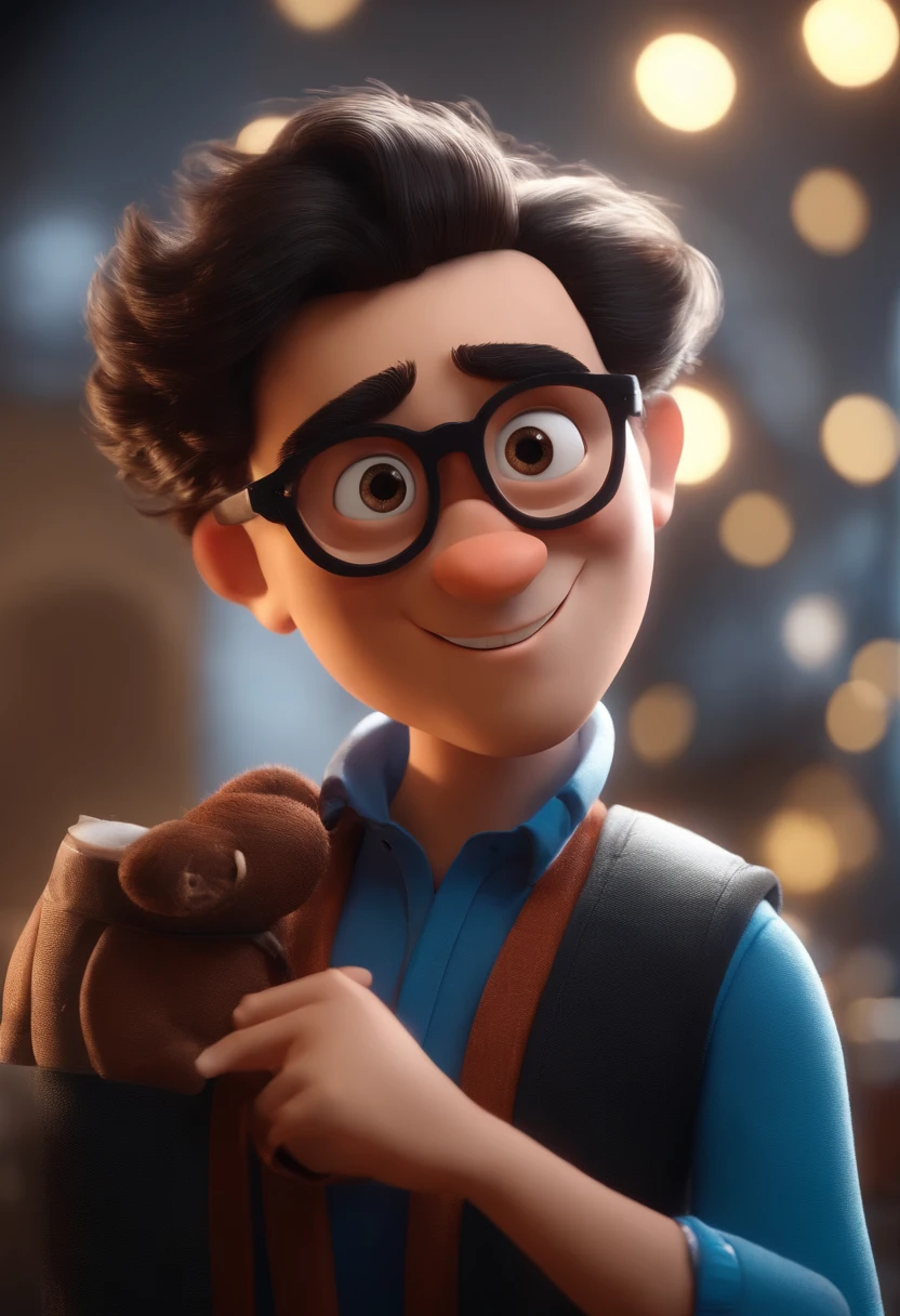 Cartoon character of a man wearing black glasses and a blue shirt, um personagem animado, Caractere estilizado, animation style rendering, 3D estilizado, Arnold Maya render, 3 d render stylized, toon render keyshot, Personagem 3D, Personagem 3D, 3d rendering stylized, 3 d character render, personagem de desenho animado, Personagem de close up, Pose de personagem, (Estilo Pixar) (master part:1.2) (Bokeh) (best quality) (pele detalhada) (textura detalhada) (8k) (argila) (Cinematic lighting) (foco nítido,Senta e vaza a parte superior do corpo