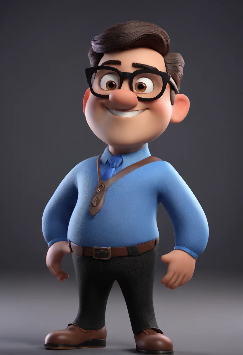 Cartoon character of a man wearing black glasses and a blue shirt, um personagem animado, Caractere estilizado, animation style rendering, 3D estilizado, Arnold Maya render, 3 d render stylized, toon render keyshot, Personagem 3D, Personagem 3D, 3d rendering stylized, 3 d character render, personagem de desenho animado, Personagem de close up, Pose de personagem, (Estilo Pixar) (master part:1.2) (Bokeh) (best quality) (pele detalhada) (textura detalhada) (8k) (argila) (Cinematic lighting) (foco nítido,Senta e vaza a parte superior do corpo