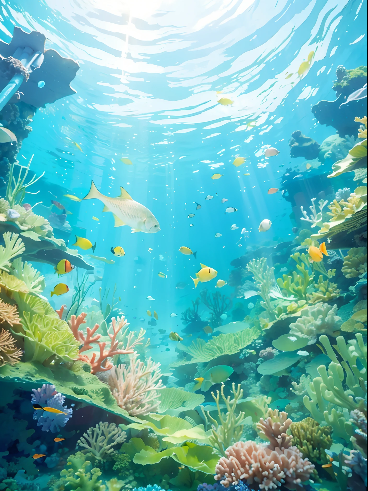 The subject:A sea of light blue
detail:In the light blue ocean, there are many colorful corals,There are small fish swimming in it,The whole uses an upward viewing angle。At the top, you can see the ripples on the surface of the water,Corals are distributed on the left and right sides of the picture and at the bottom,In the middle is a small fish swimming leisurely
color:The overall coral is a relatively light green color,Partly pink
style:The style of the images is more illustrative,Compare dreamy and cute
emotion:The picture gives the impression of tranquility and beauty。