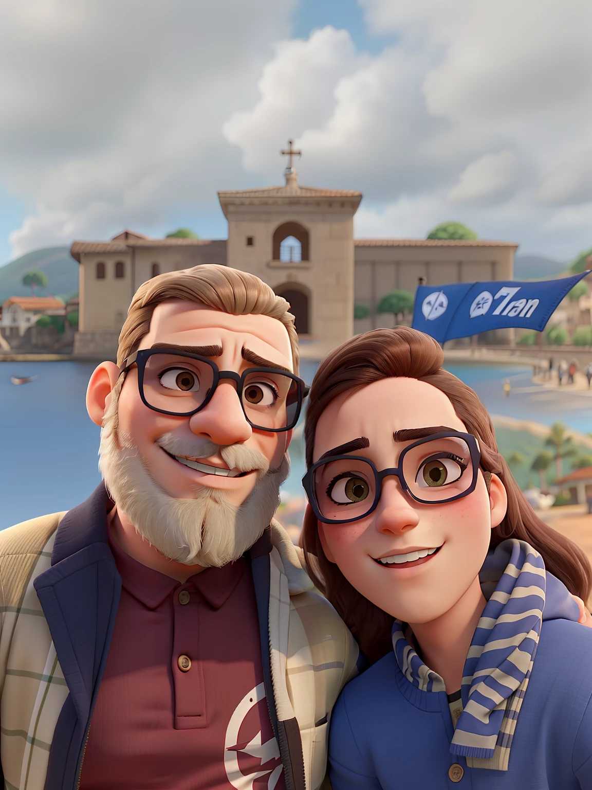 Young couple with sunglasses and passionate look. O jovem rapaz tem barba no rosto todo. The two of them are in a very beautiful background landscape