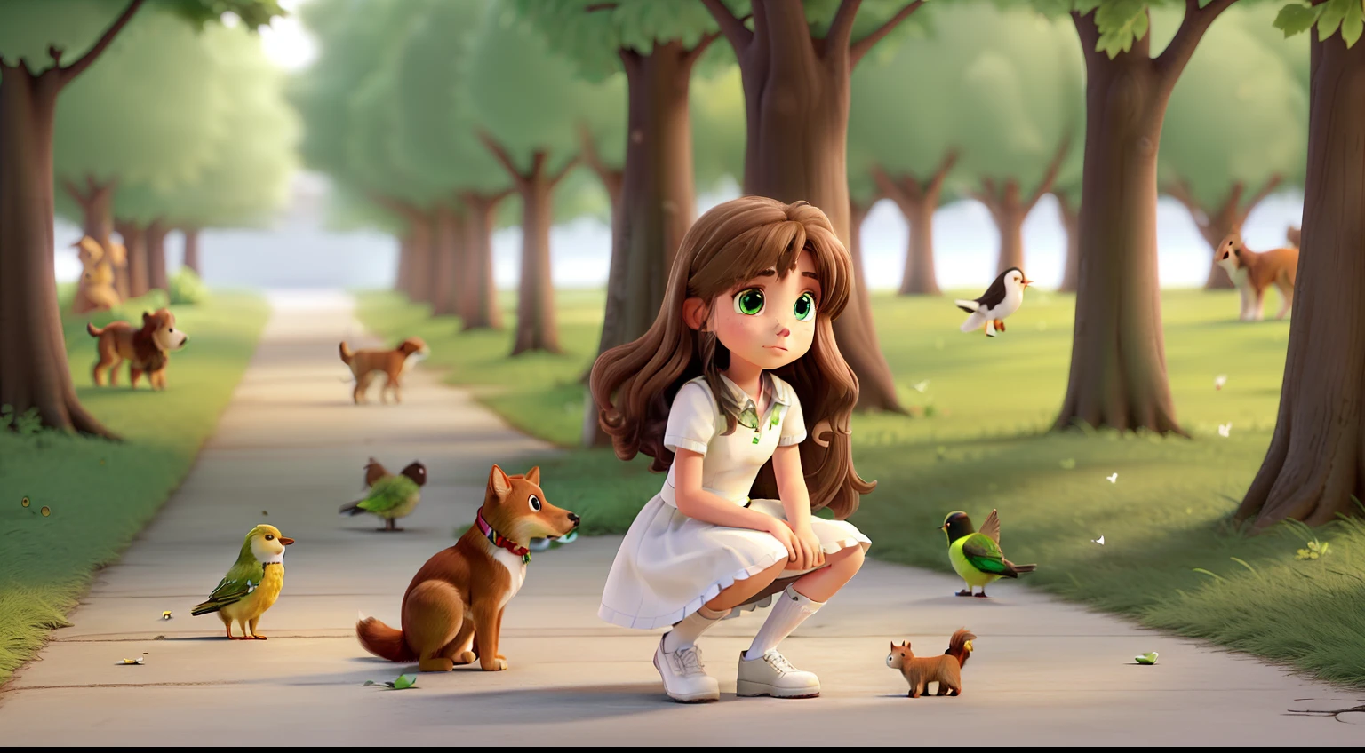(one girl solo, 16 years, long brown hair, green eyes, white dress, white shoes, looking sad on floor) (background florest, many trees, some dogs and animals) (finding a bird hurting on floor)