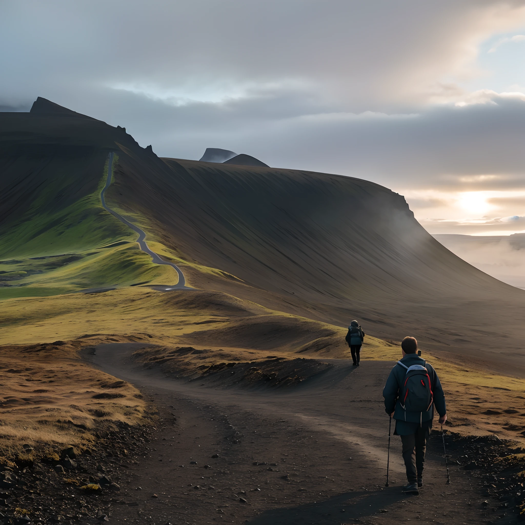 People walk on mountain trails,Cloudy sky in the background, iceland photography, iceland hills in the background, iceland, iceland landscape, iceland landscape photography, an icelandic landscape, sci-fi of iceland landscape, iceland landscape, walking above the clouds and fog, People walk into the horizon, author:Anna Heifesch, people walking in the distance
