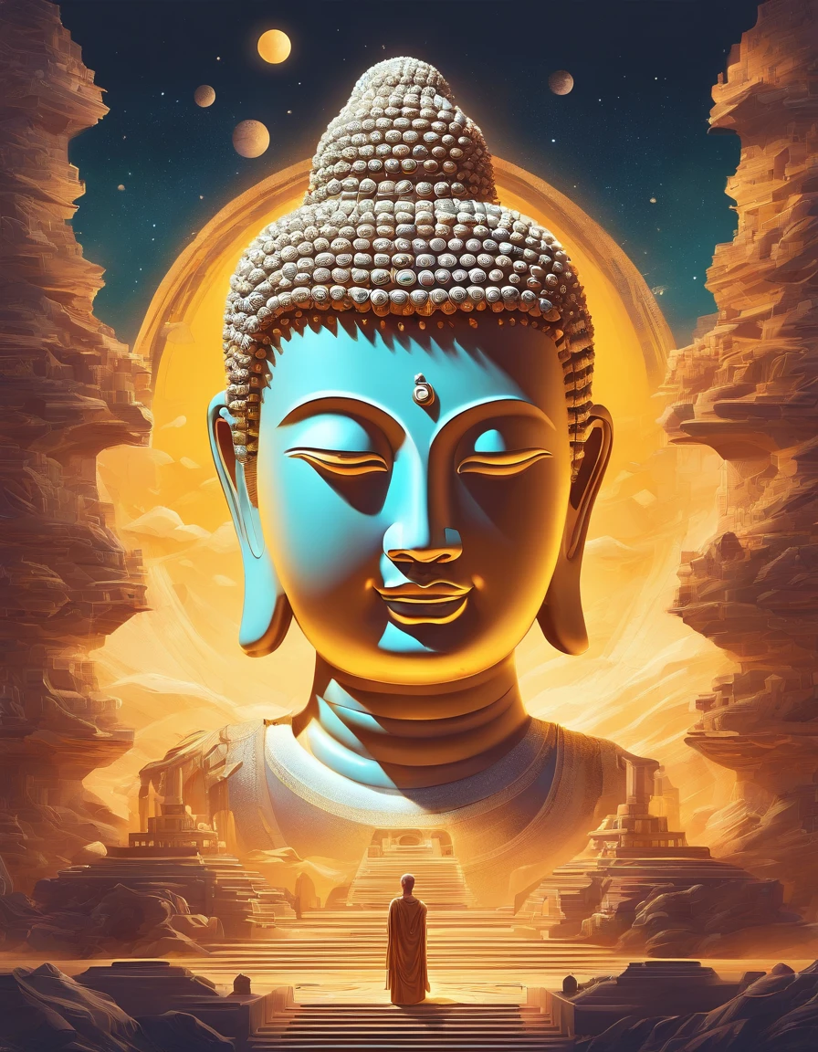 The giant transparent Buddha head looks at an earthy yellow planet in the universe，Glow effects，oc rendered