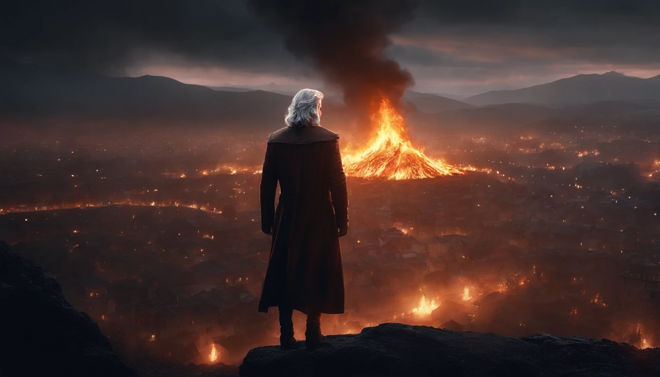 A handsome young man with medium silver hair looking at the fiefdom and the burning city, roupas medievais simples, ruas em sangue, Planting Flames, reddish sky, it's at night, total destruction, Dark setting, Dark setting, ultra-realistic, Estilo de desenho Guweiz, Landscape, 8k, inverno, Dramatic Particles, melhor qualidade,4k,8k,alto,master part:1.2,ultra-detalhado,Realistic:1.37, fiery particles, wallpaper.