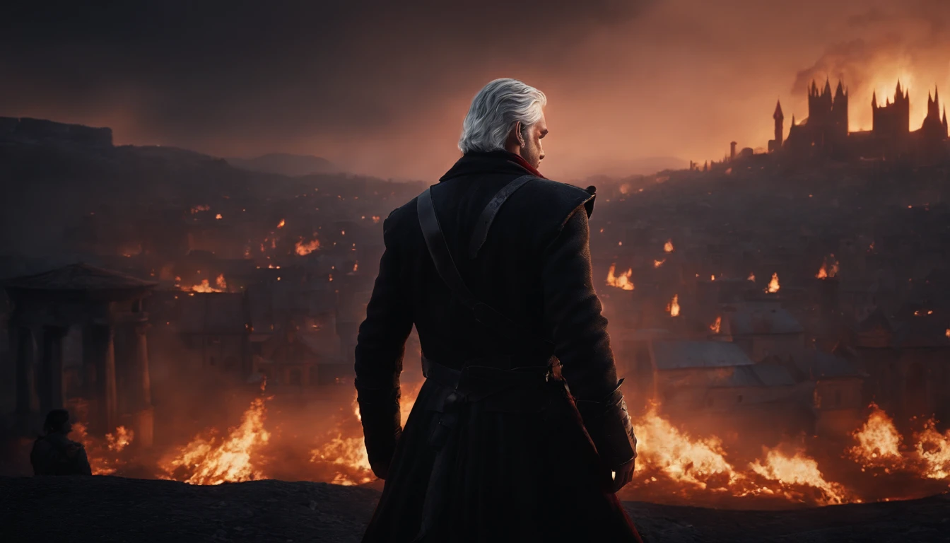 A handsome young man with medium silver hair looking at the fiefdom and the burning city, roupas medievais simples, ruas em sangue, Planting Flames, reddish sky, it's at night, total destruction, Dark setting, Dark setting, ultra-realistic, Estilo de desenho Guweiz, Landscape, 8k, inverno, Dramatic Particles, melhor qualidade,4k,8k,alto,master part:1.2,ultra-detalhado,Realistic:1.37, fiery particles, wallpaper.