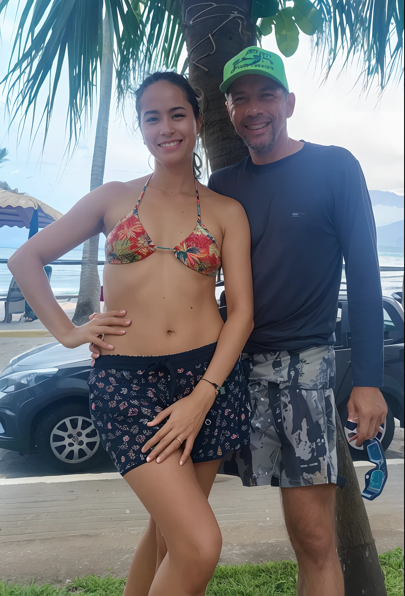 They're underneath a palm tree in a bikini and hat, standing near the beach, vacation photo, usando roupas sujas de viagem, com montanhas ao fundo, standing at the beach, perto da praia, palmeiras no fundo, her navel is exposed, posando em uma praia com o oceano, em uma praia tropical, posando em waikiki